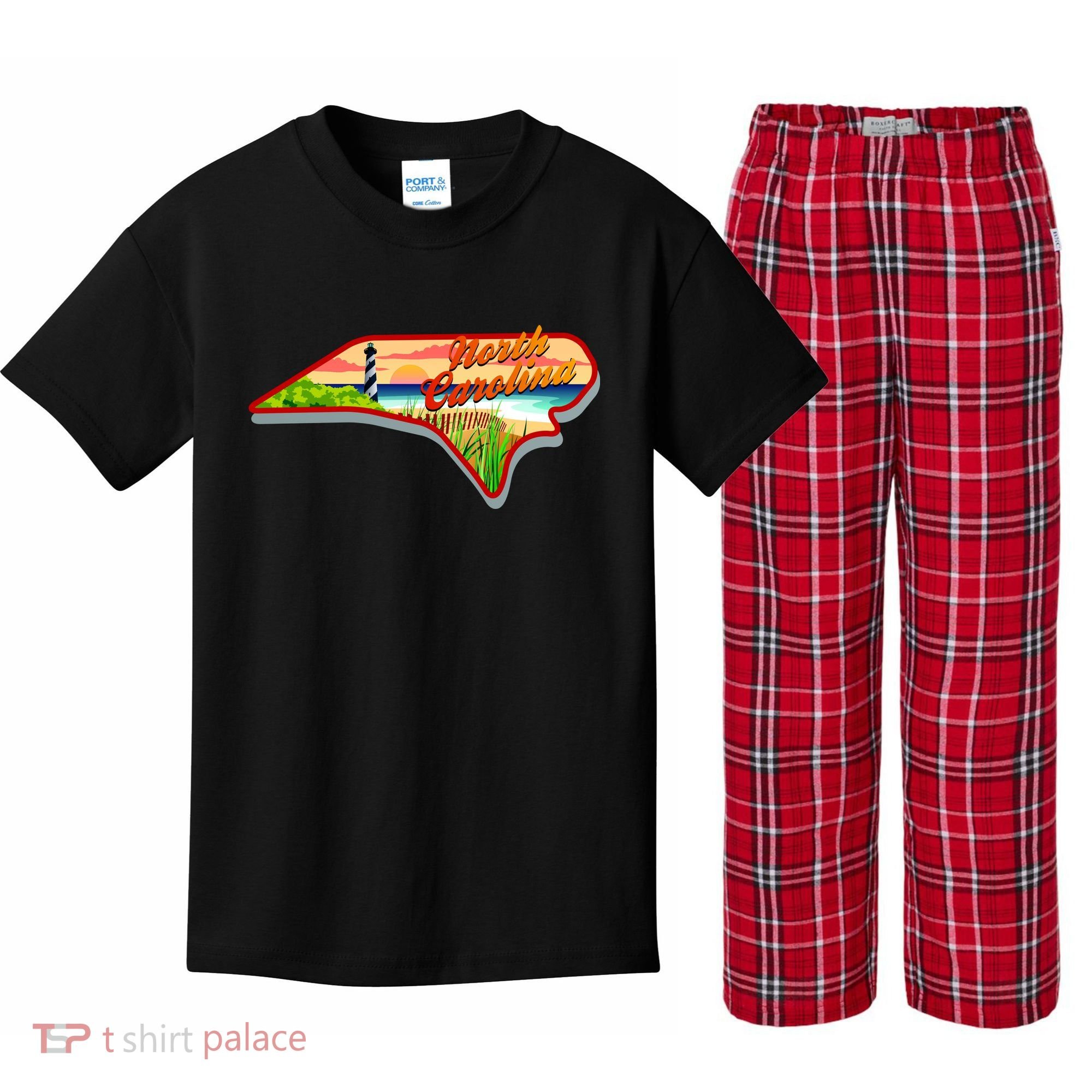 North Carolina Cartoon Illustration Kids Plaid Pajama Set