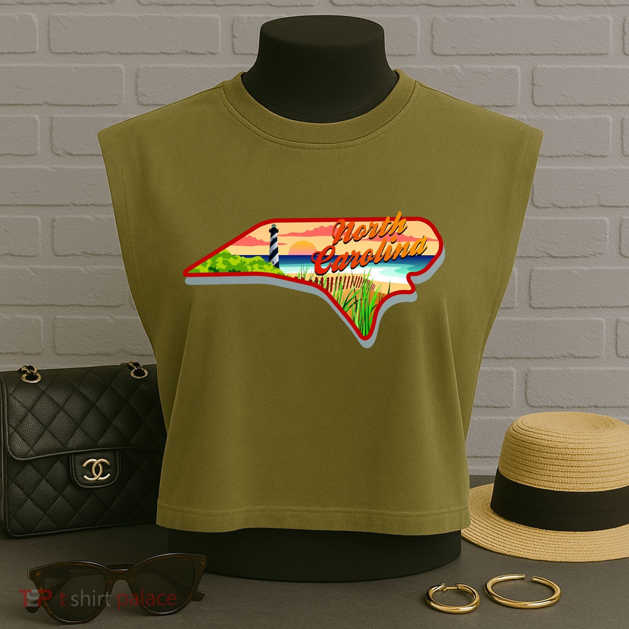 North Carolina Cartoon Illustration Garment-Dyed Women's Muscle Tee