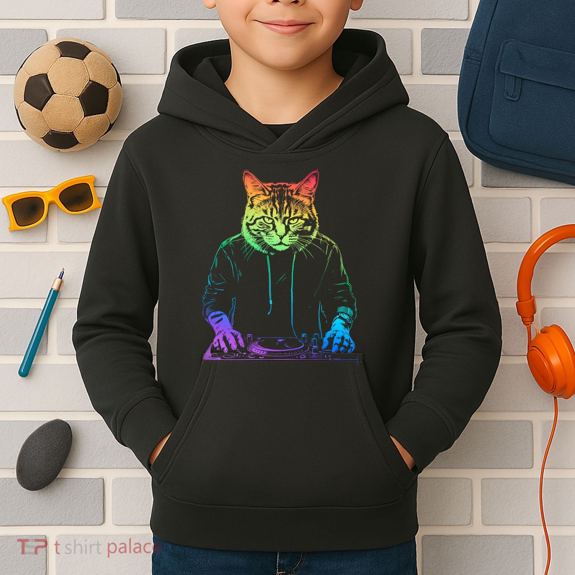 Neon Cat Dj Kids Hoodie