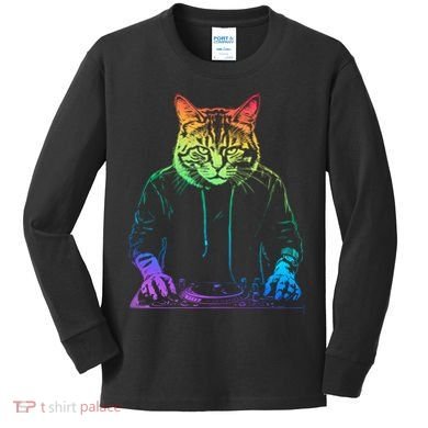 Neon Cat Dj Kids Long Sleeve Shirt