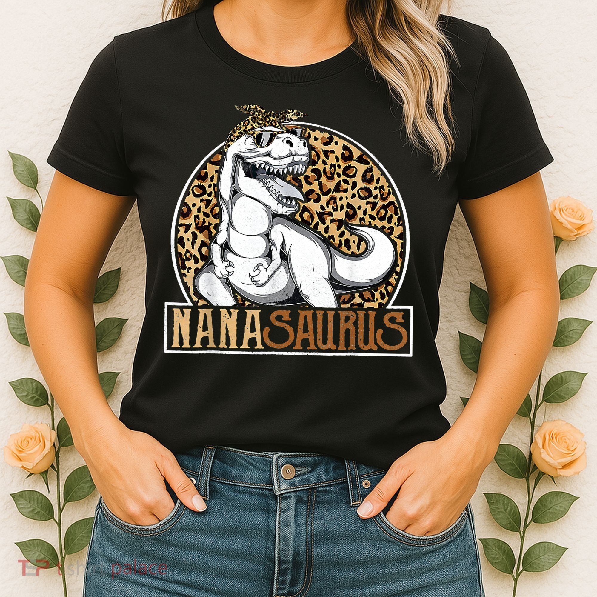 Nanasaurus Cool Dino T Rex Leopard Funny Mothers Day Grandma Women's T-Shirt