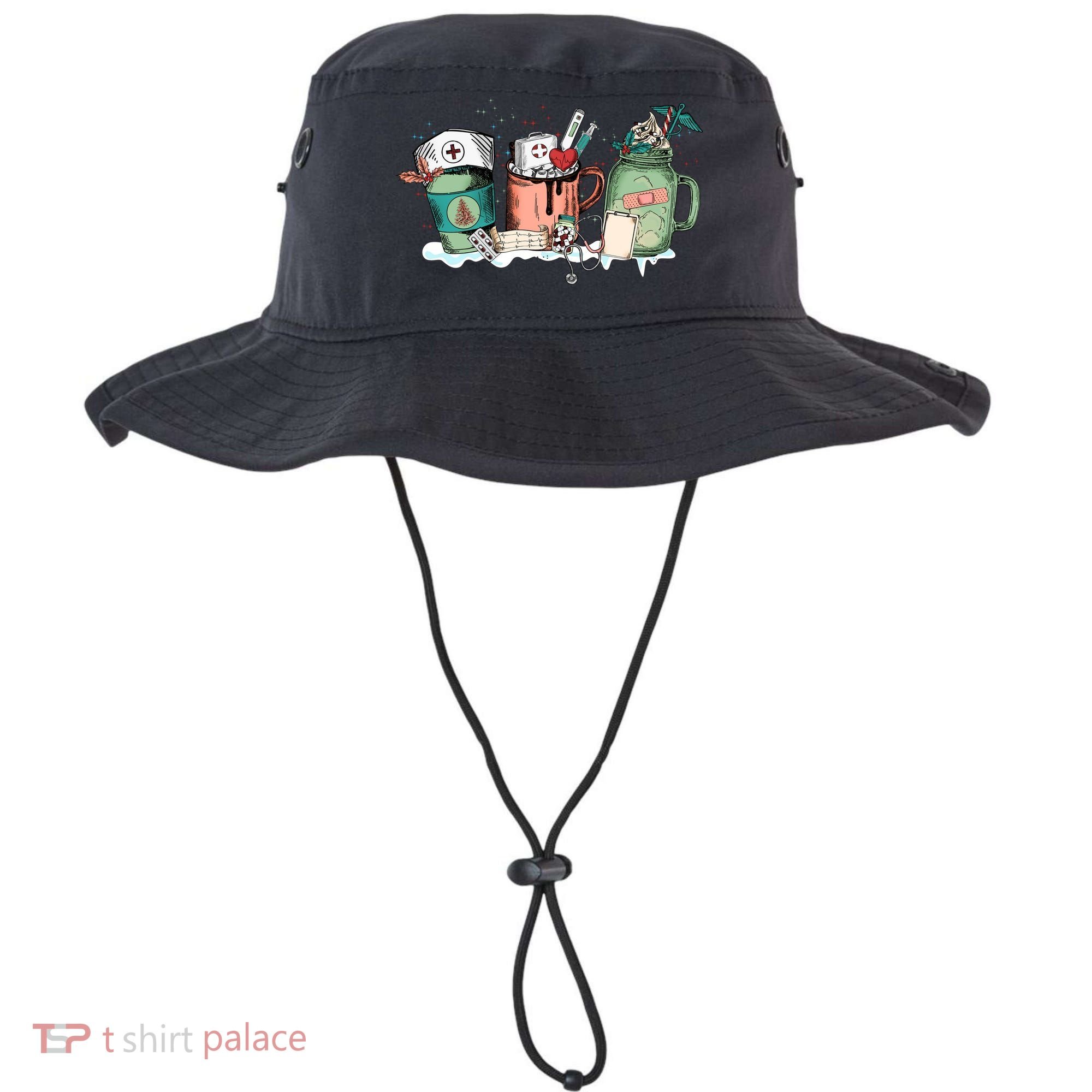 Nurse Christmas Drinks Latte Pills Jar Stethoscope Funny Graphic Oversized Bucket Hat