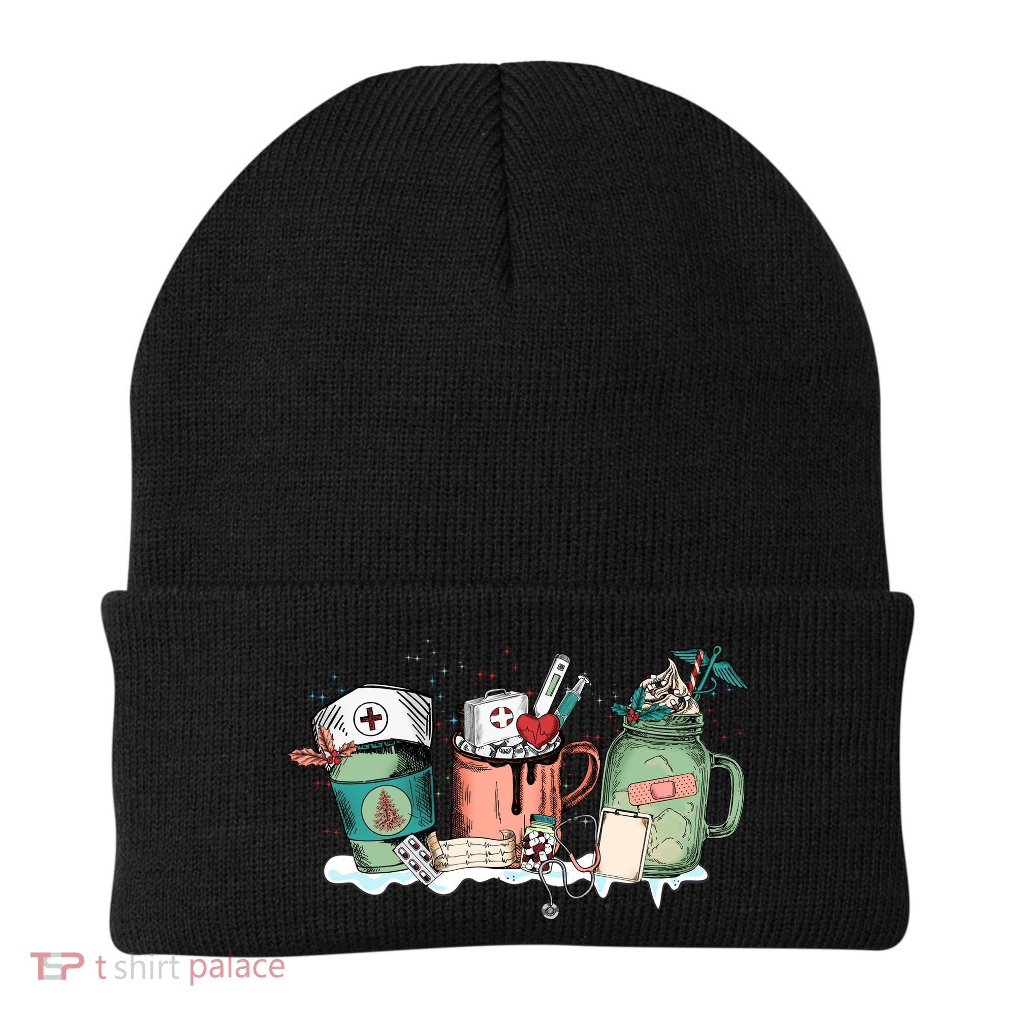 Nurse Christmas Drinks Latte Pills Jar Stethoscope Funny Graphic Oversized Beanie