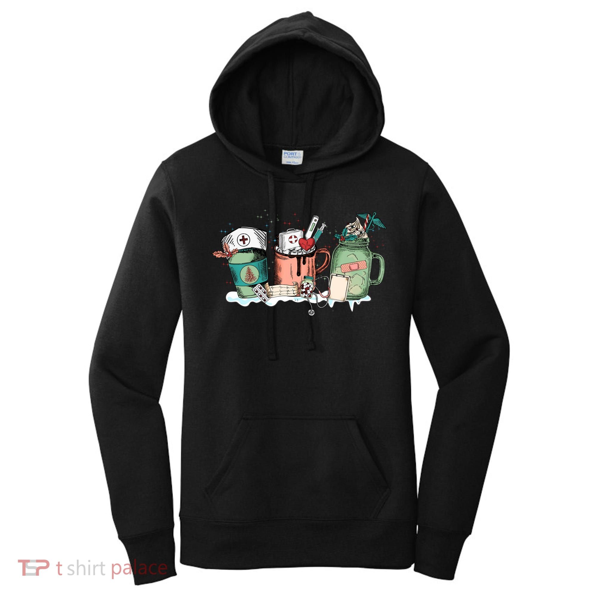 Nurse Christmas Drinks Latte Pills Jar Stethoscope Funny Graphic Oversized Women's Hoodie