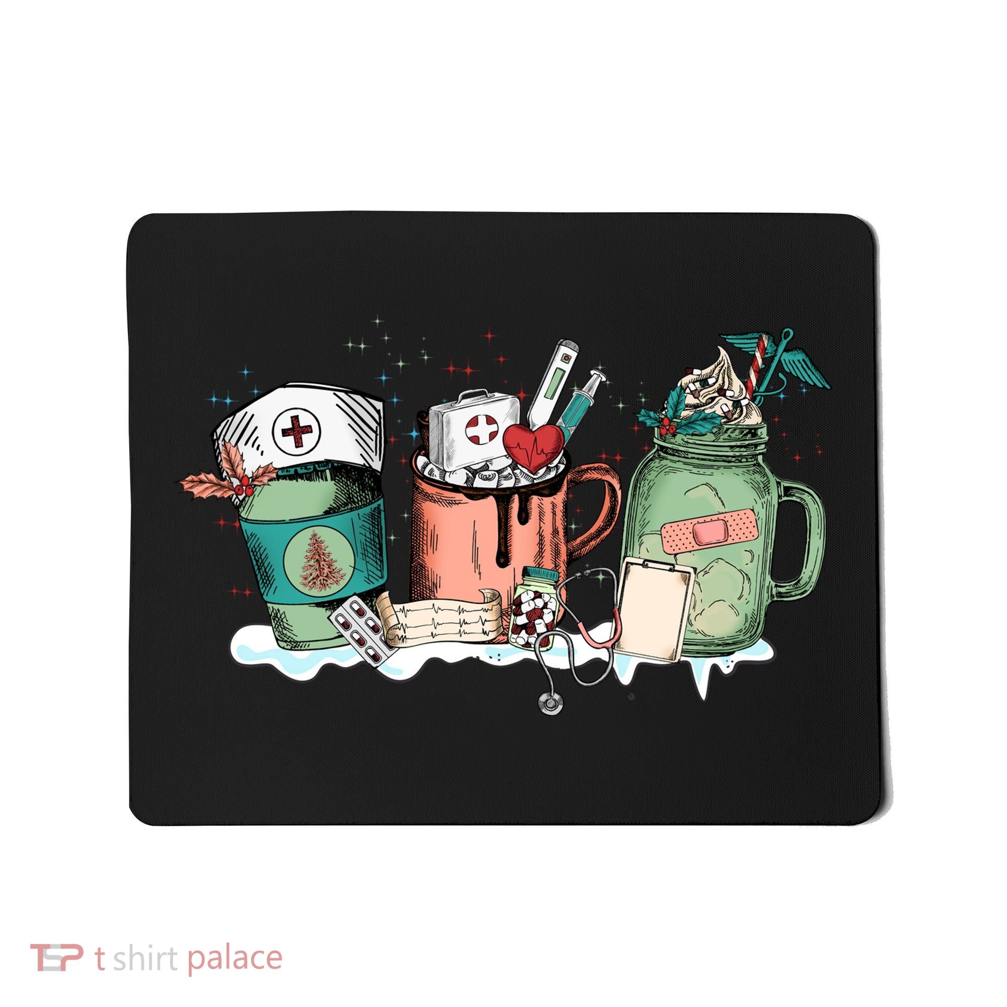 Nurse Christmas Drinks Latte Pills Jar Stethoscope Funny Graphic Oversized Mousepad
