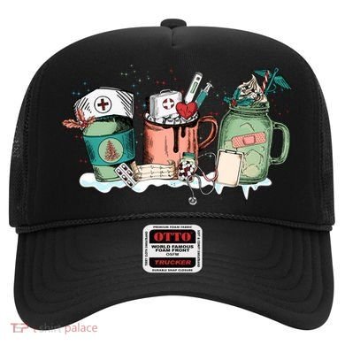 Nurse Christmas Drinks Latte Pills Jar Stethoscope Funny Graphic Oversized Hat