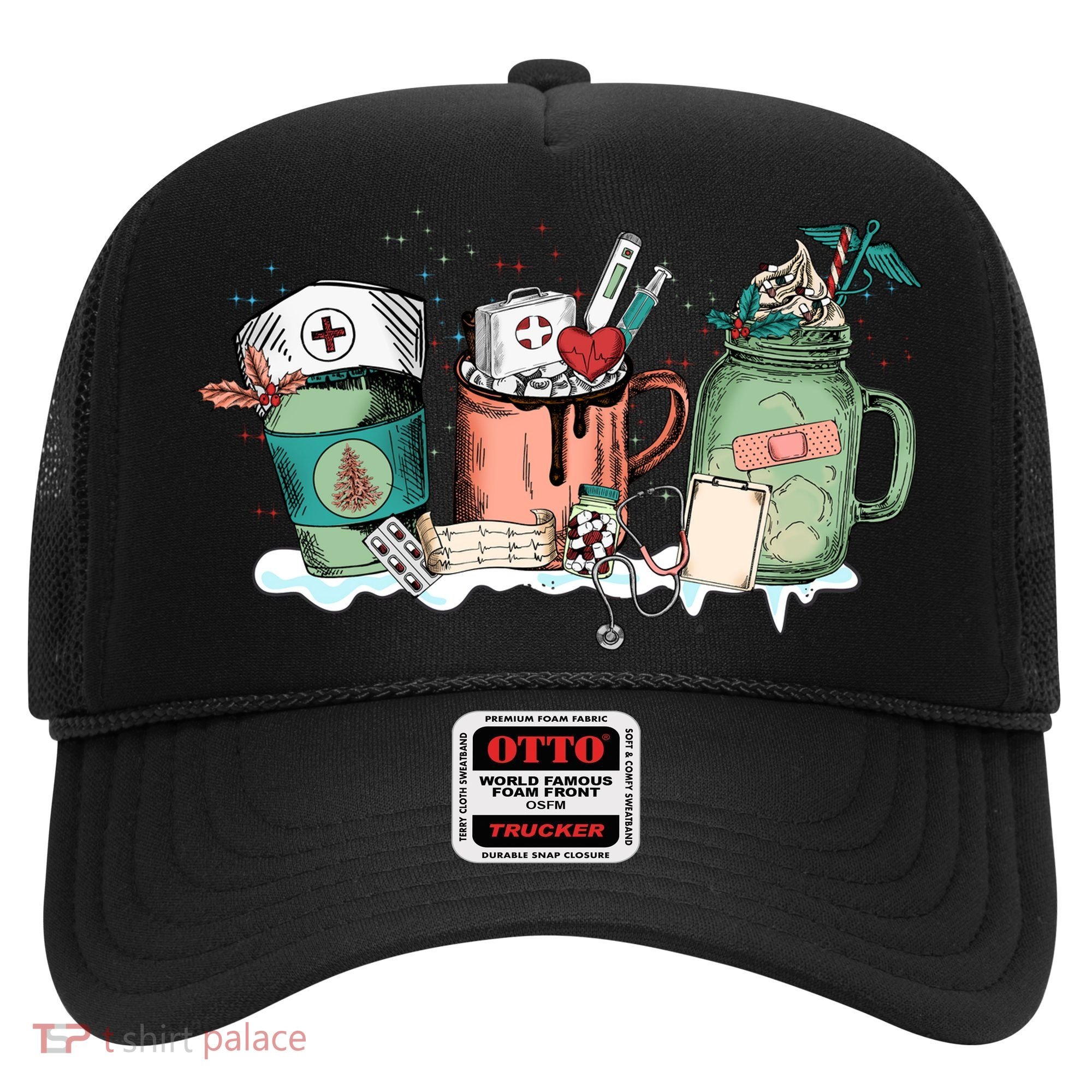 Nurse Christmas Drinks Latte Pills Jar Stethoscope Funny Graphic Oversized Hat