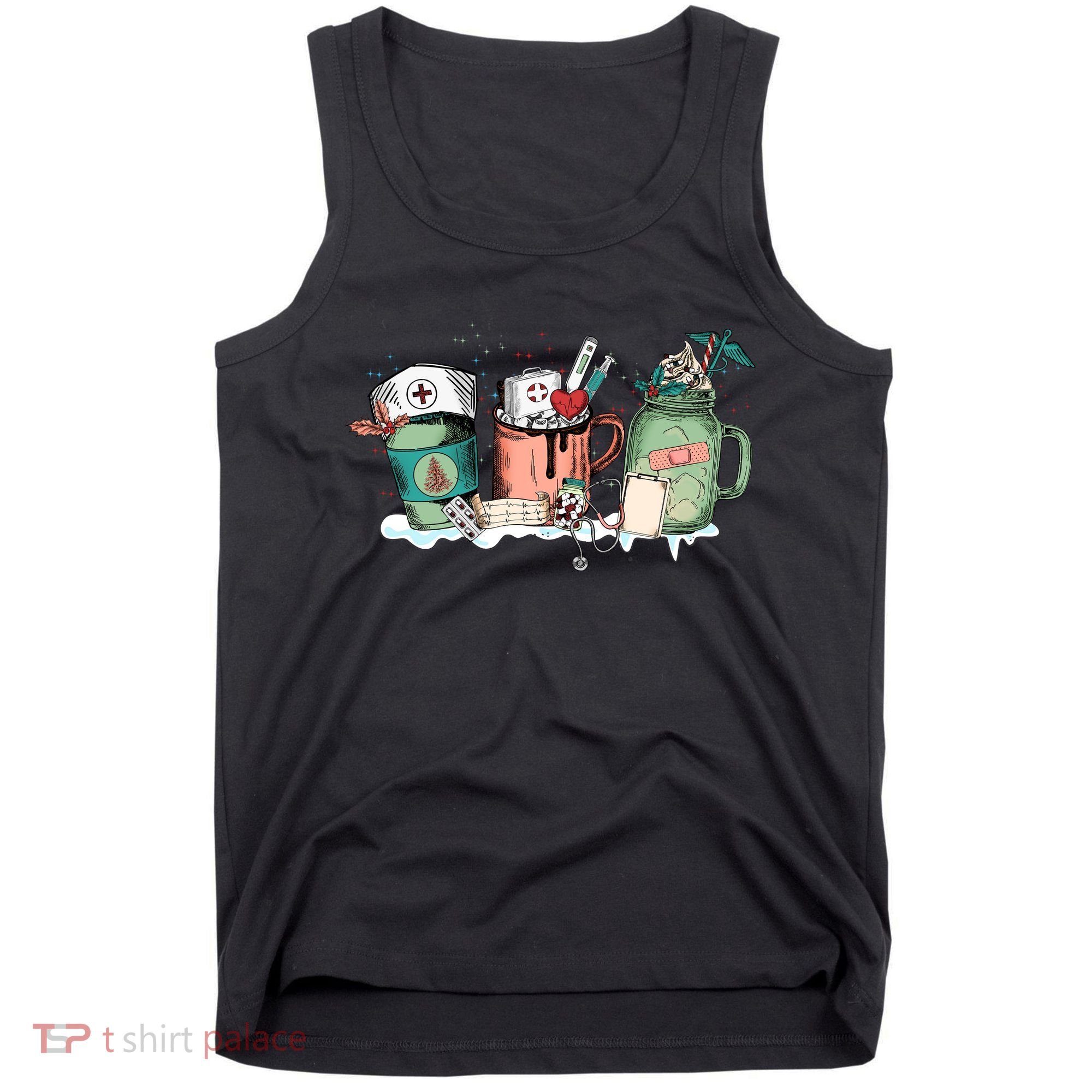 Nurse Christmas Drinks Latte Pills Jar Stethoscope Funny Graphic Oversized Tank Top