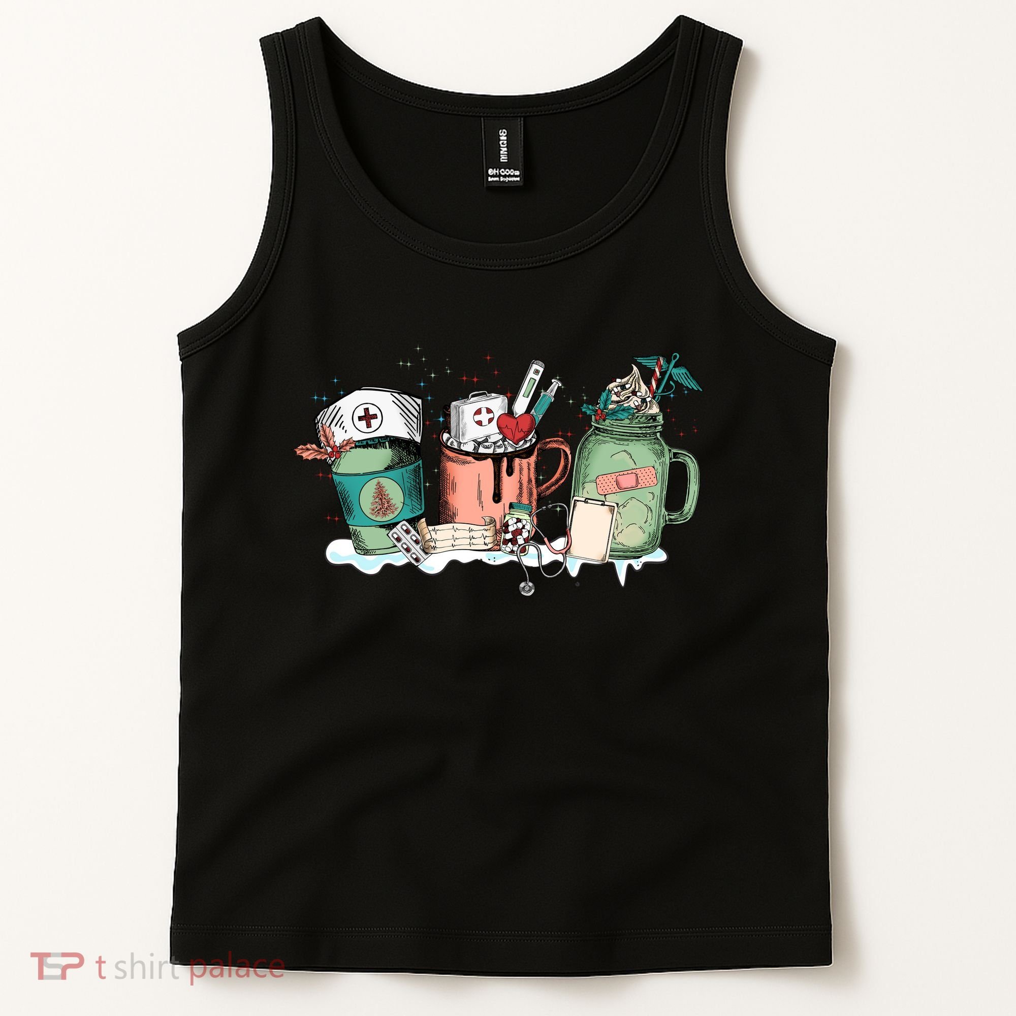 Nurse Christmas Drinks Latte Pills Jar Stethoscope Funny Graphic Oversized Tank Top