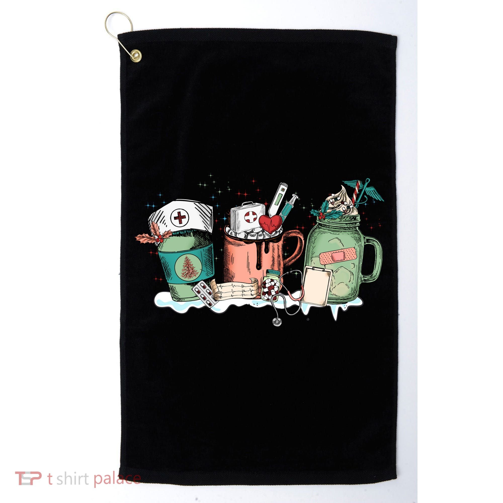 Nurse Christmas Drinks Latte Pills Jar Stethoscope Funny Graphic Oversized Golf Towel