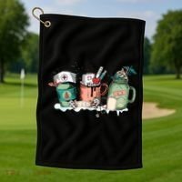 Nurse Christmas Drinks Latte Pills Jar Stethoscope Funny Graphic Oversized Golf Towel thumb 1