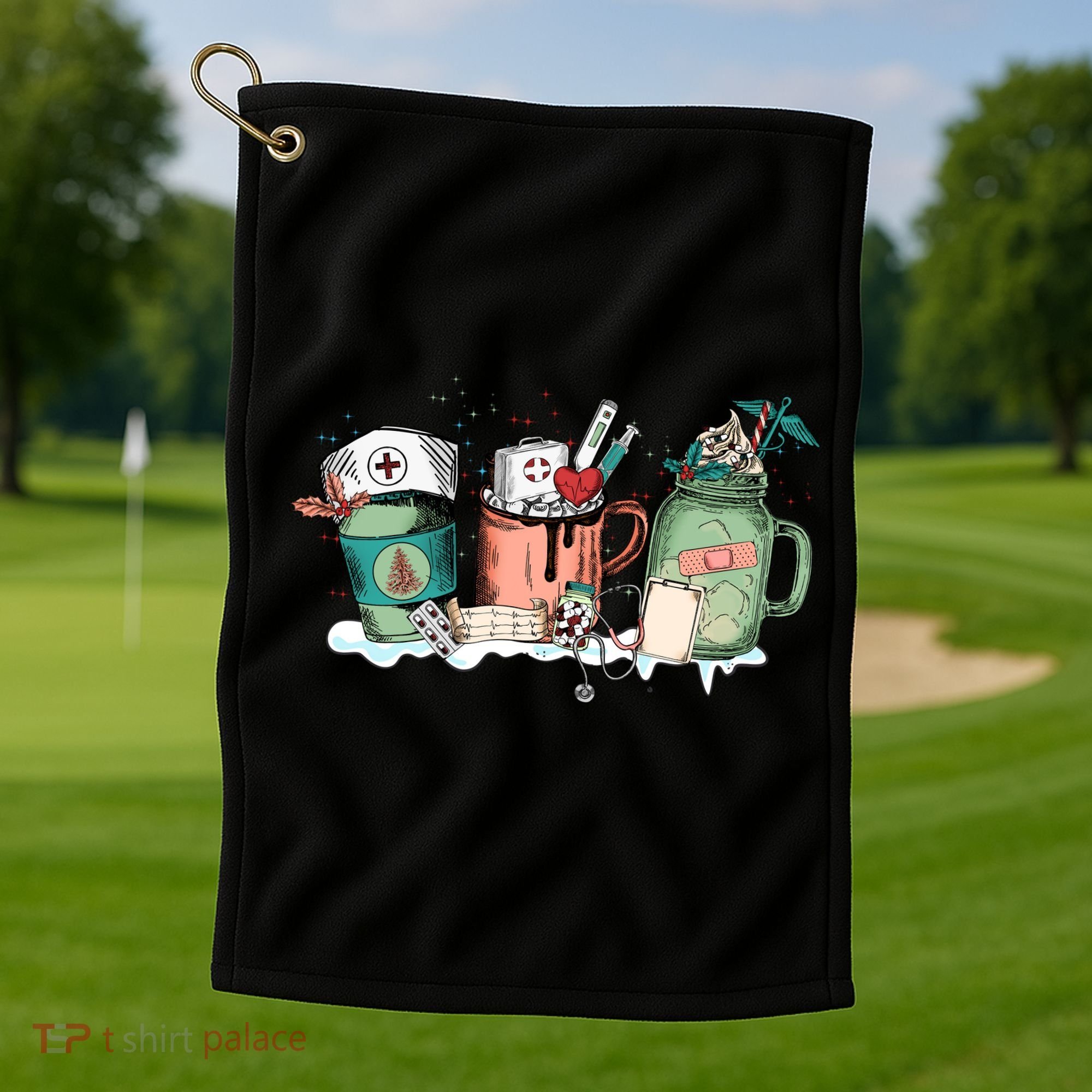 Nurse Christmas Drinks Latte Pills Jar Stethoscope Funny Graphic Oversized Golf Towel