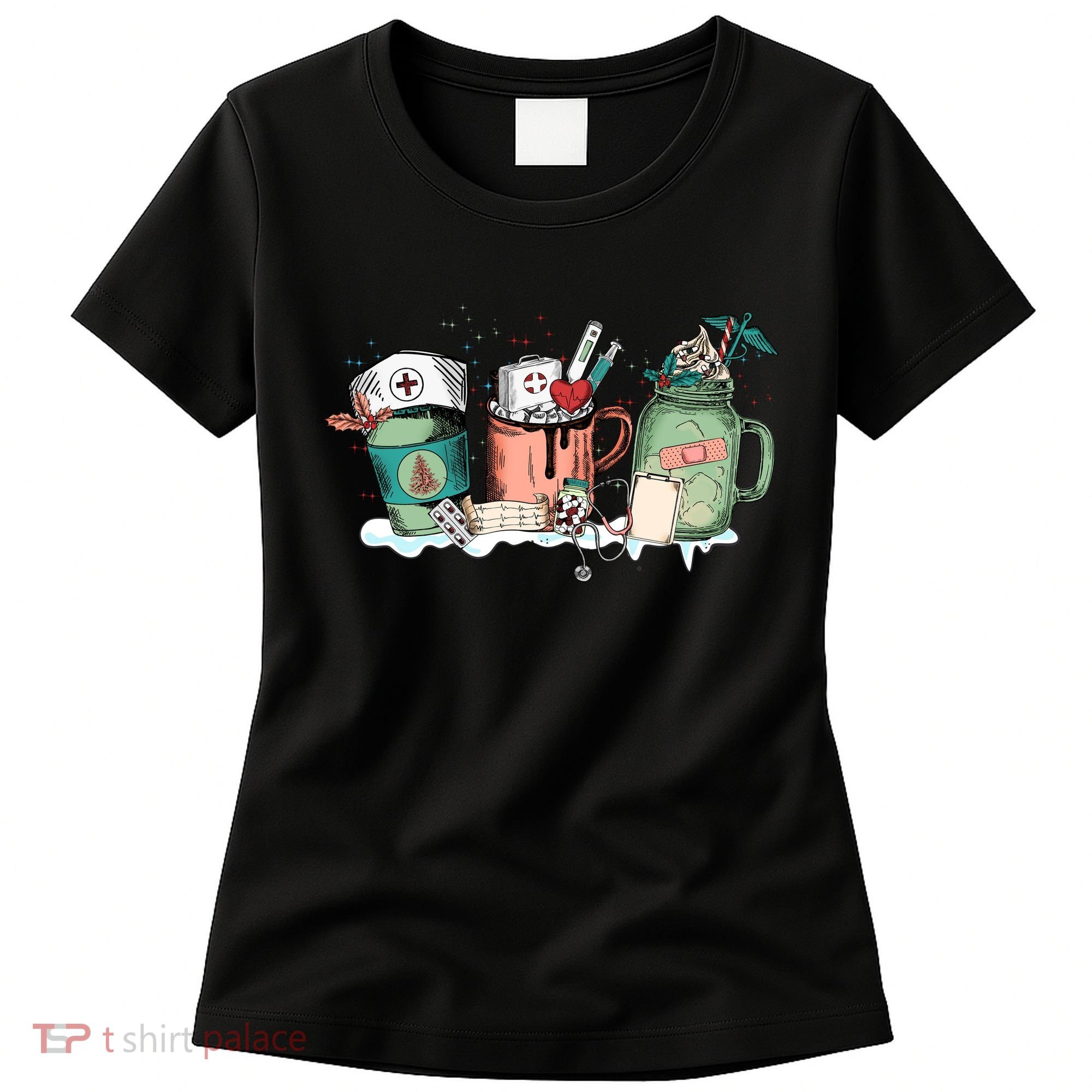 Nurse Christmas Drinks Latte Pills Jar Stethoscope Funny Graphic Oversized Women's T-Shirt