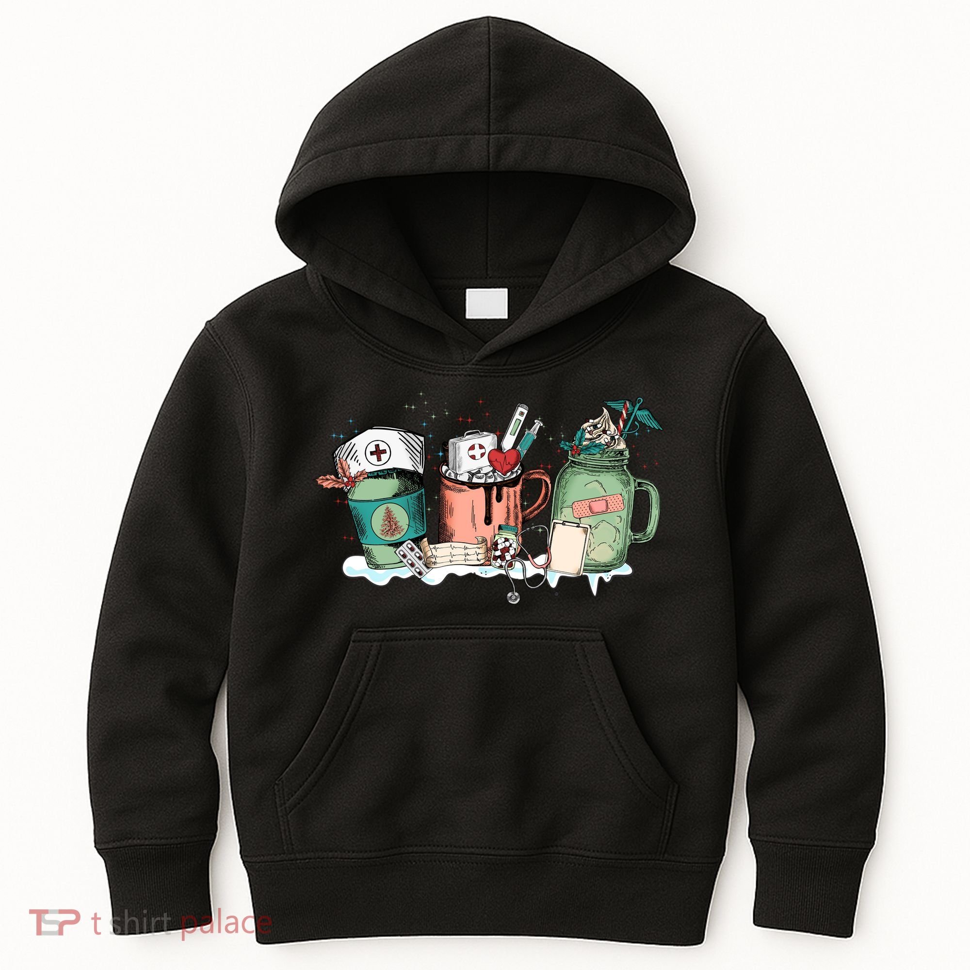 Nurse Christmas Drinks Latte Pills Jar Stethoscope Funny Graphic Oversized Kids Hoodie