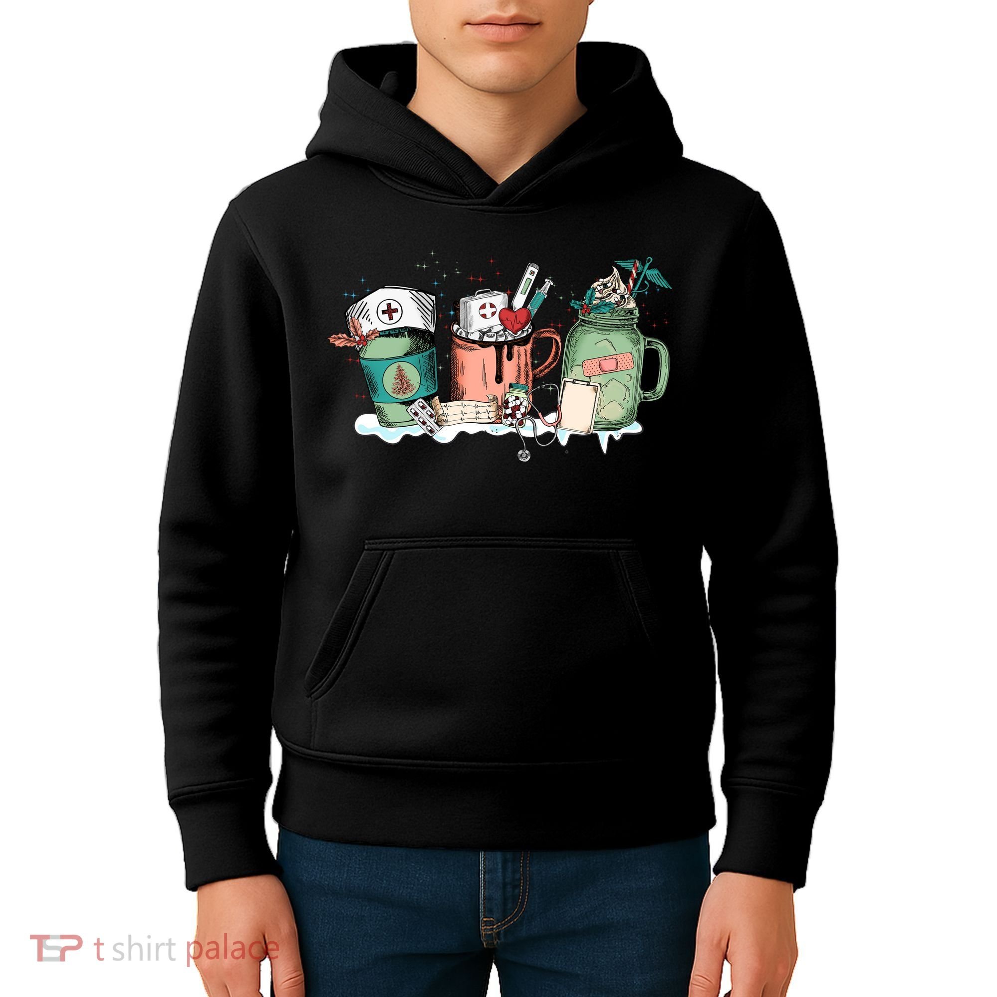 Nurse Christmas Drinks Latte Pills Jar Stethoscope Funny Graphic Oversized Kids Hoodie