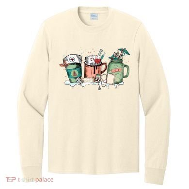 Nurse Christmas Drinks Latte Pills Jar Stethoscope Funny Graphic Oversized Long Sleeve Shirt