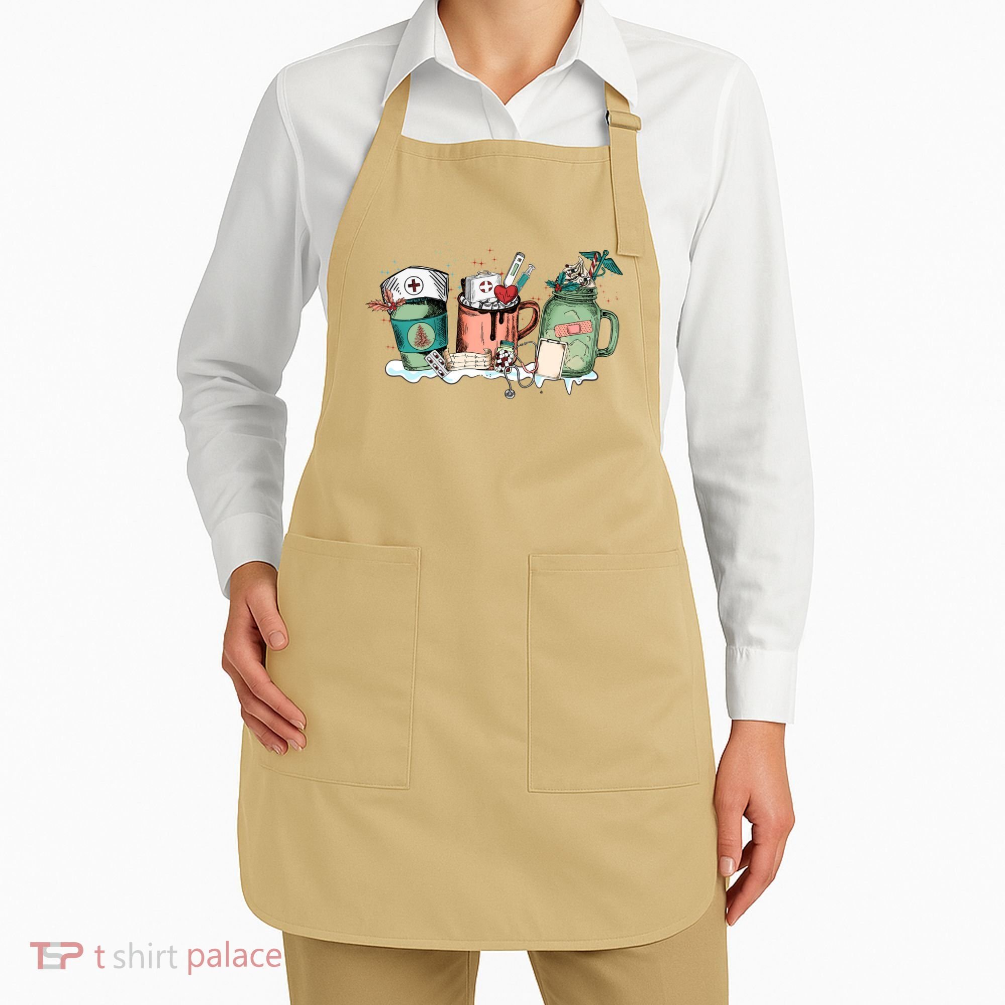 Nurse Christmas Drinks Latte Pills Jar Stethoscope Funny Graphic Oversized Apron