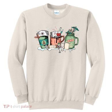 Nurse Christmas Drinks Latte Pills Jar Stethoscope Funny Graphic Oversized Sweatshirt
