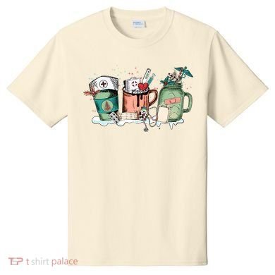 Nurse Christmas Drinks Latte Pills Jar Stethoscope Funny Graphic Oversized T-Shirt