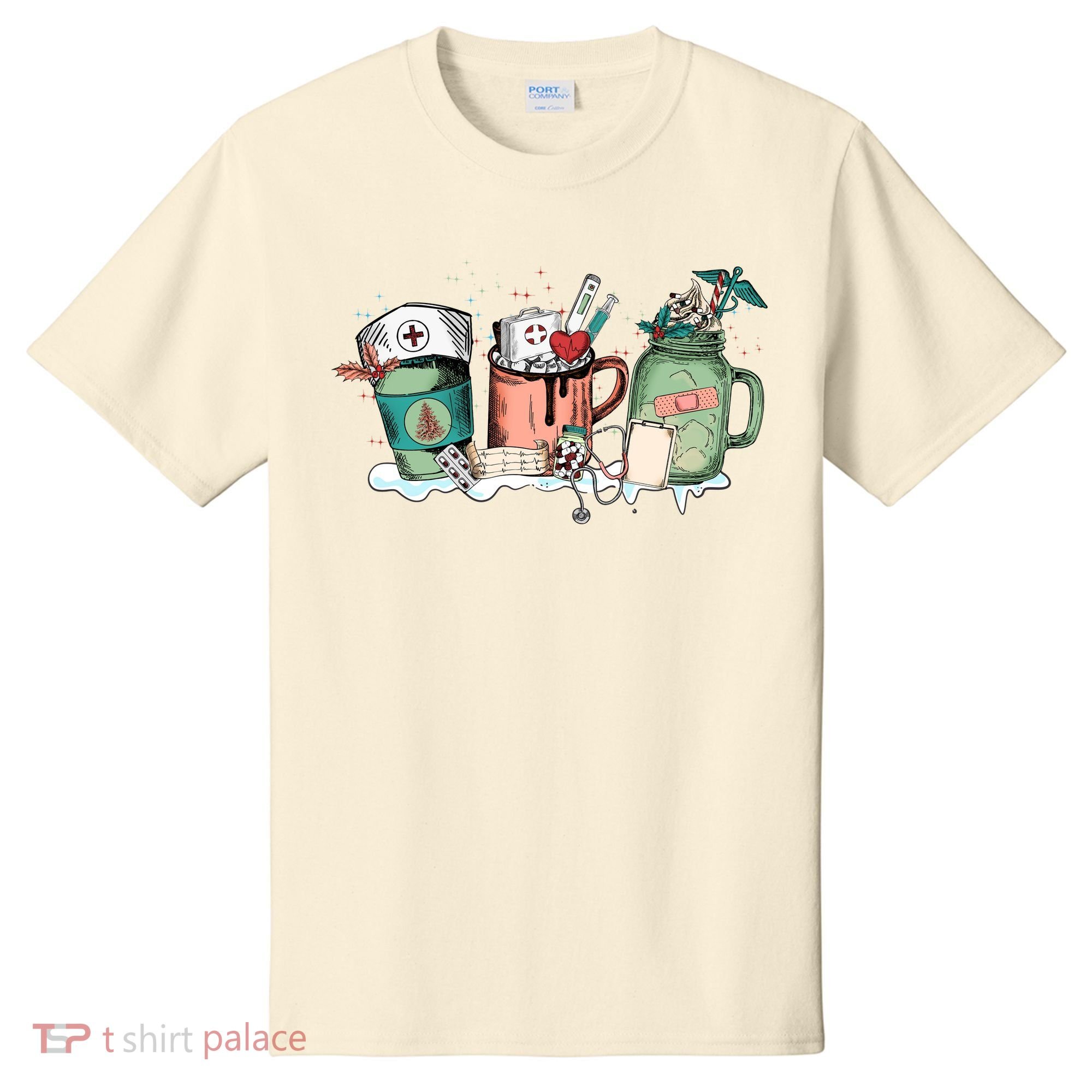 Nurse Christmas Drinks Latte Pills Jar Stethoscope Funny Graphic Oversized T-Shirt