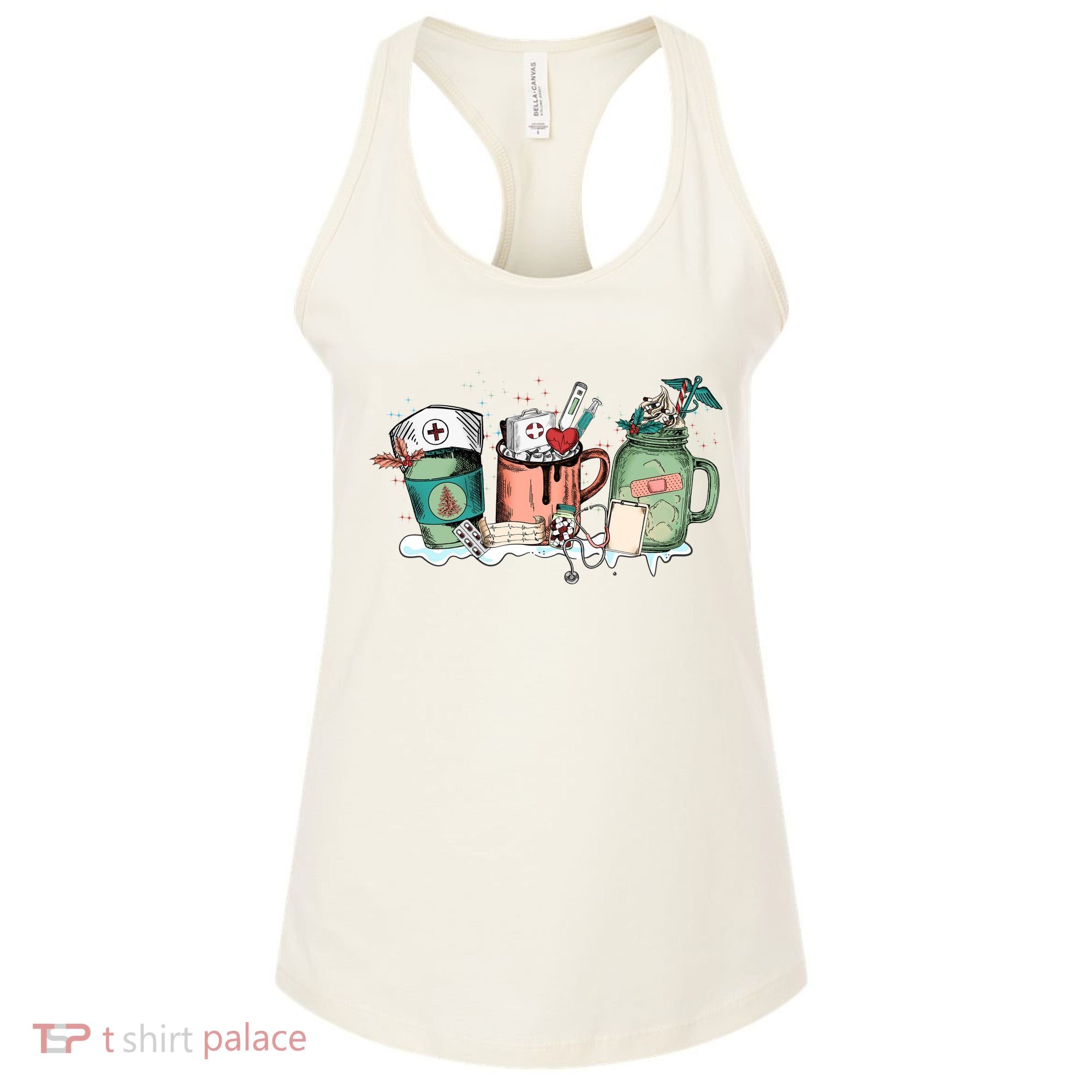 Nurse Christmas Drinks Latte Pills Jar Stethoscope Funny Graphic Oversized Women's Tank Top