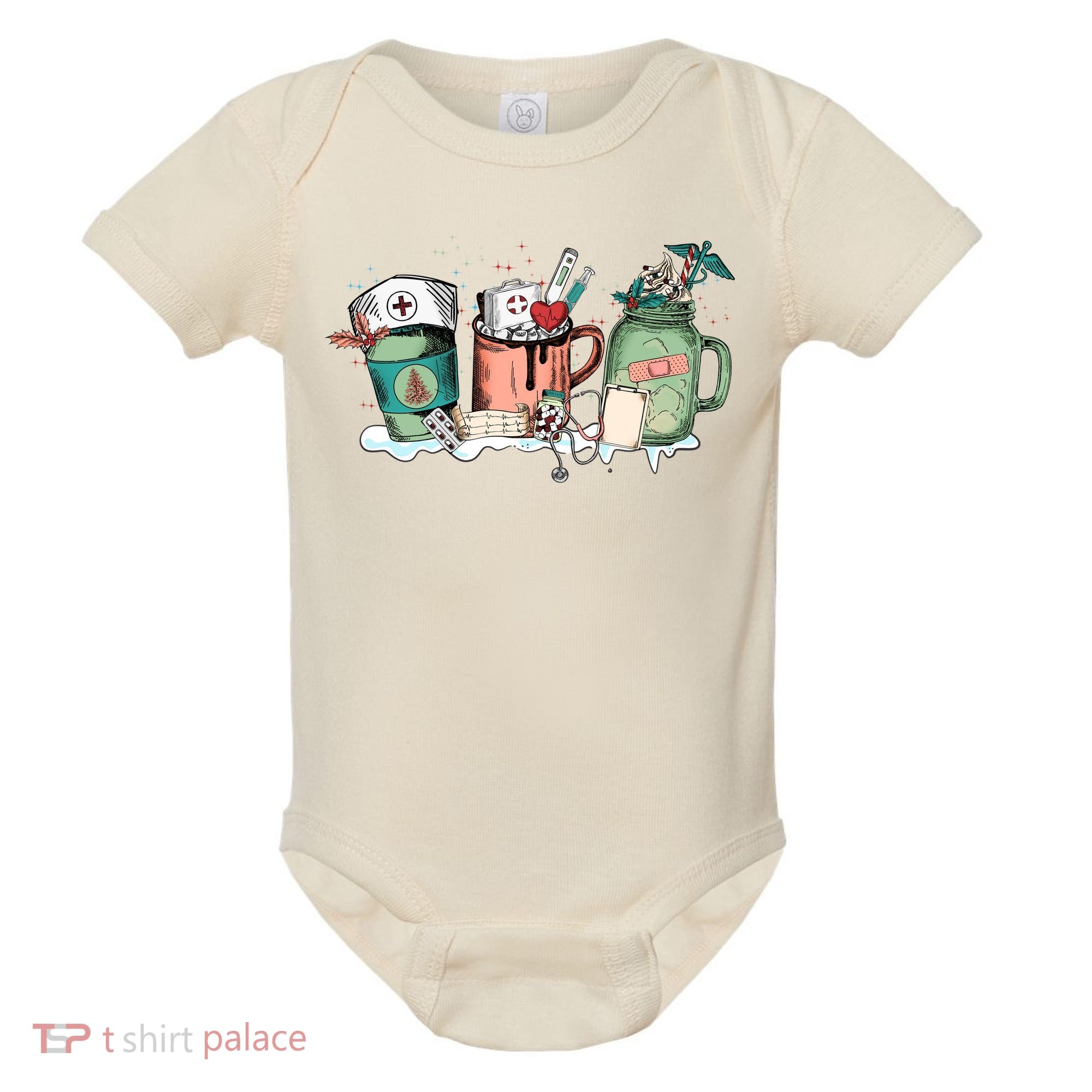 Nurse Christmas Drinks Latte Pills Jar Stethoscope Funny Graphic Oversized Baby Bodysuit