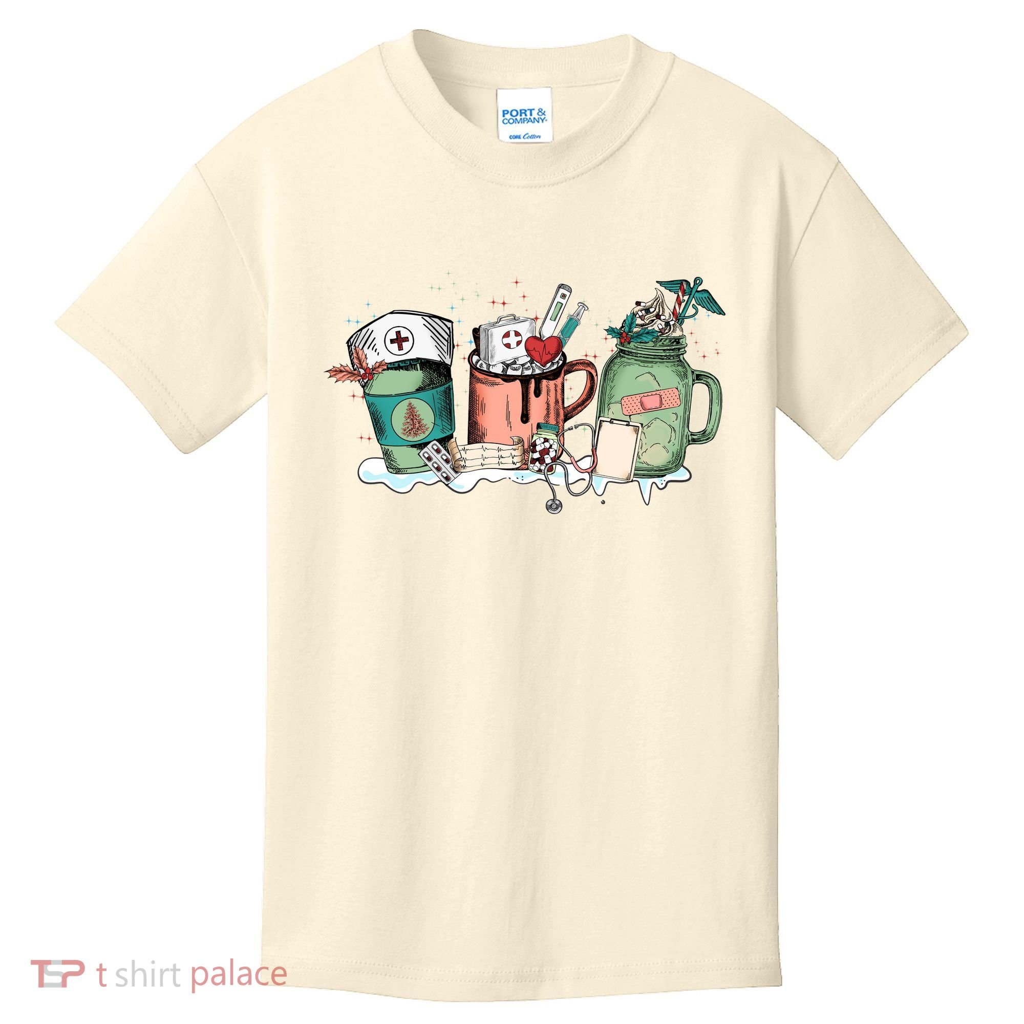 Nurse Christmas Drinks Latte Pills Jar Stethoscope Funny Graphic Oversized Kids T-Shirt