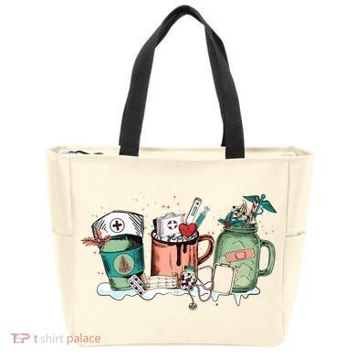 Nurse Christmas Drinks Latte Pills Jar Stethoscope Funny Graphic Oversized Tote Bag