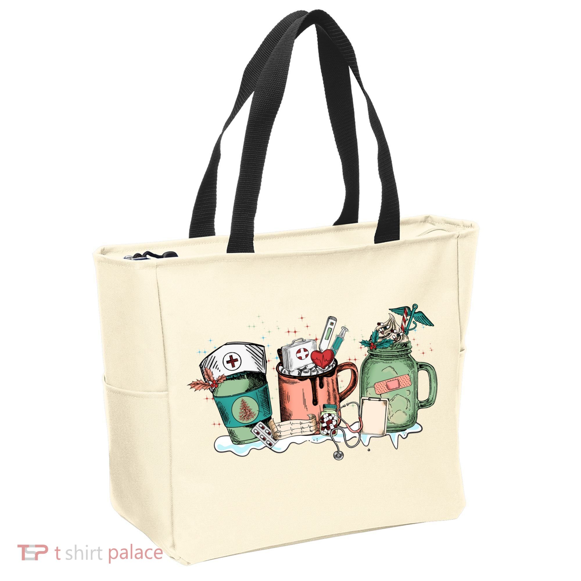 Nurse Christmas Drinks Latte Pills Jar Stethoscope Funny Graphic Oversized Tote Bag