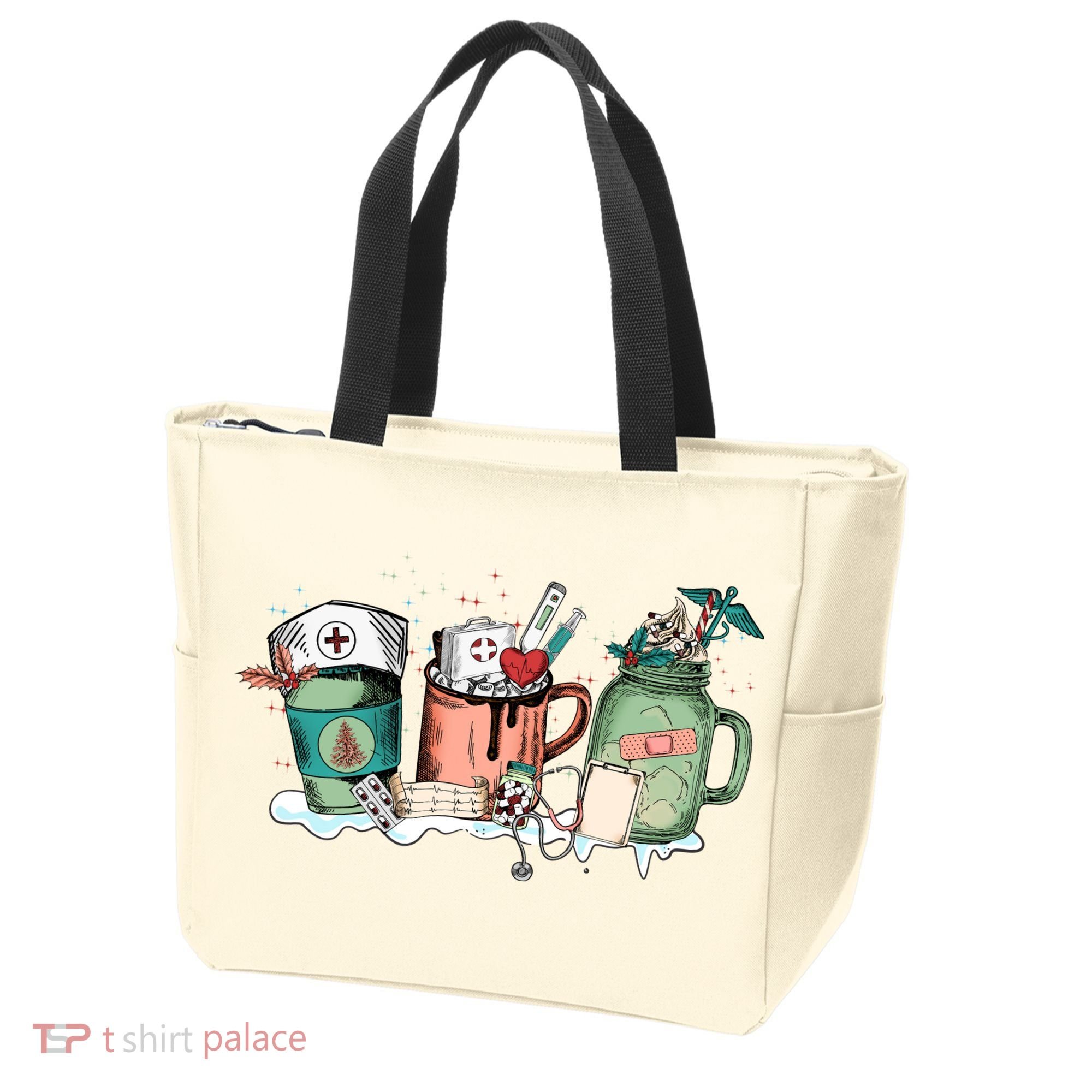 Nurse Christmas Drinks Latte Pills Jar Stethoscope Funny Graphic Oversized Tote Bag