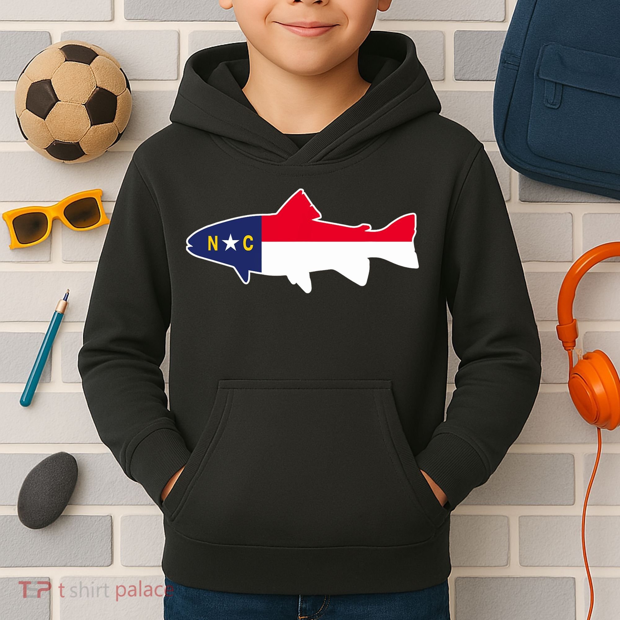North Carolina Flag with Trout Fish Kids Hoodie