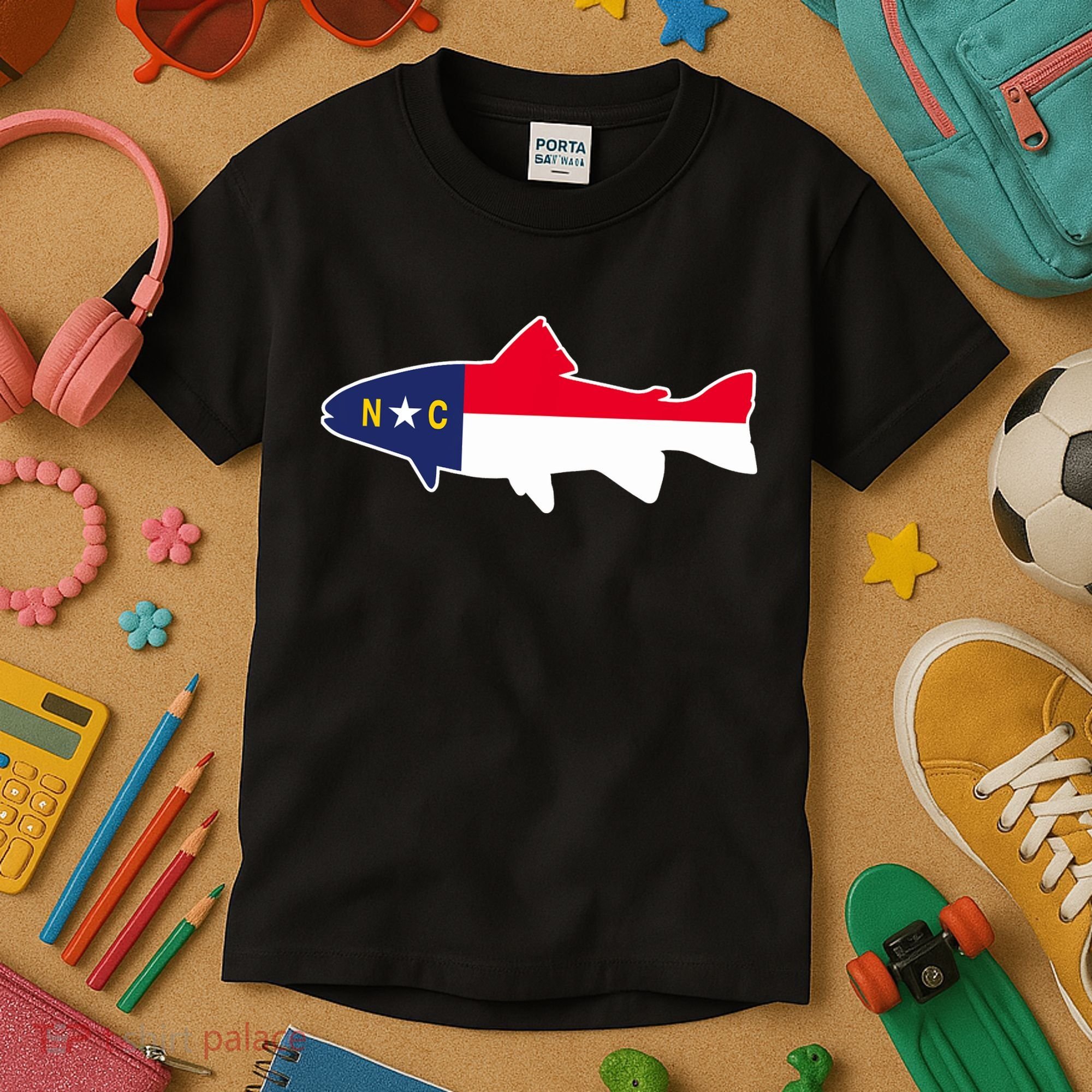 North Carolina Flag with Trout Fish Kids T-Shirt