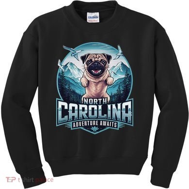 North Carolina Pug Dog Funny Mountain Hiking Outdoor Design Kids Sweatshirt