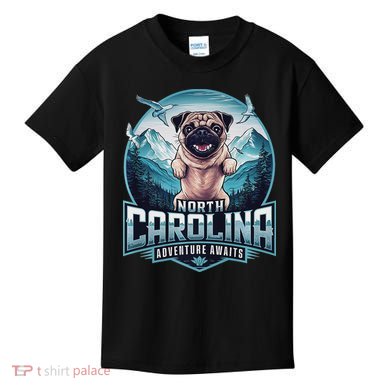 North Carolina Pug Dog Funny Mountain Hiking Outdoor Design Kids T-Shirt