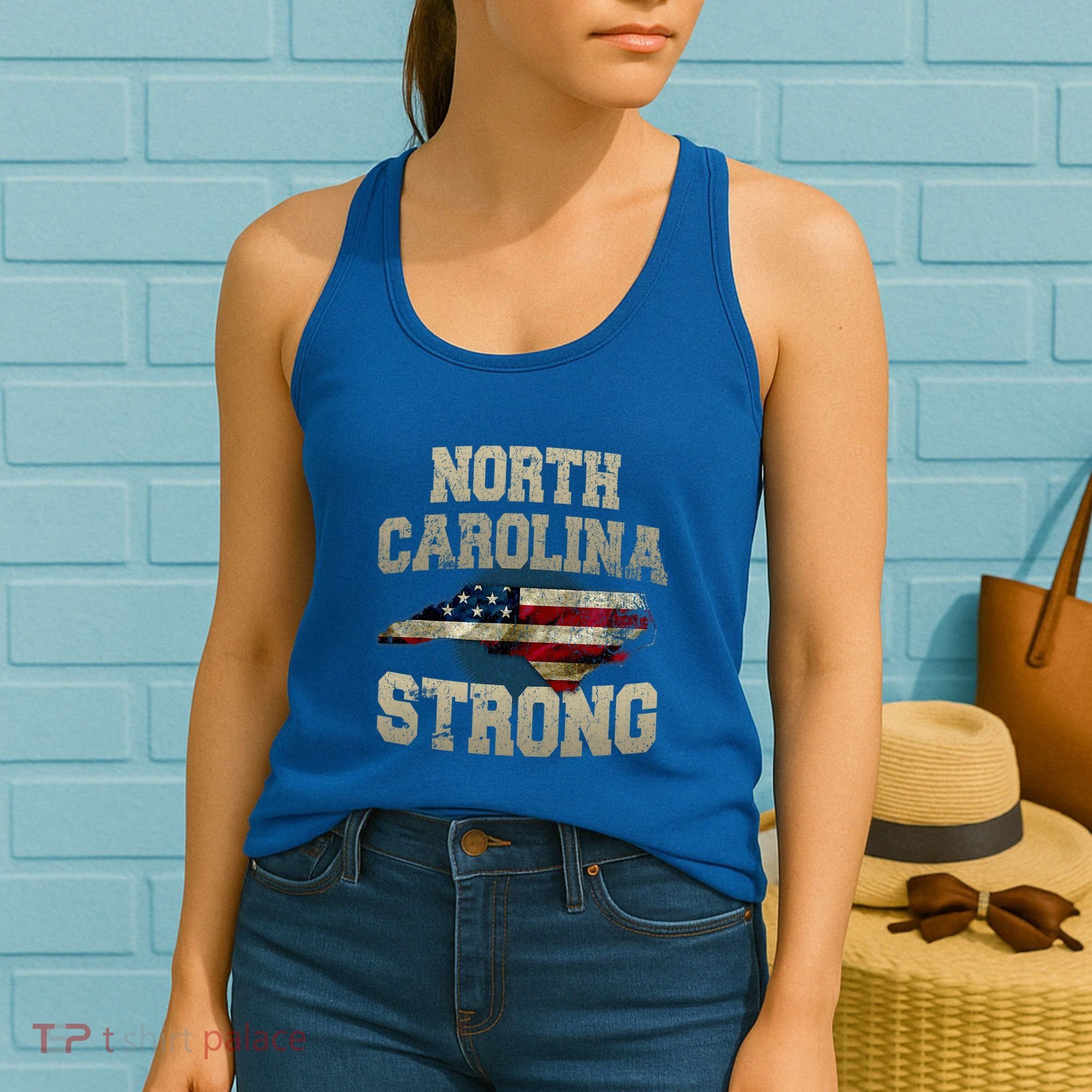 North Carolina Strong With Nc State And Usa Flag Overlay Women's Tank Top