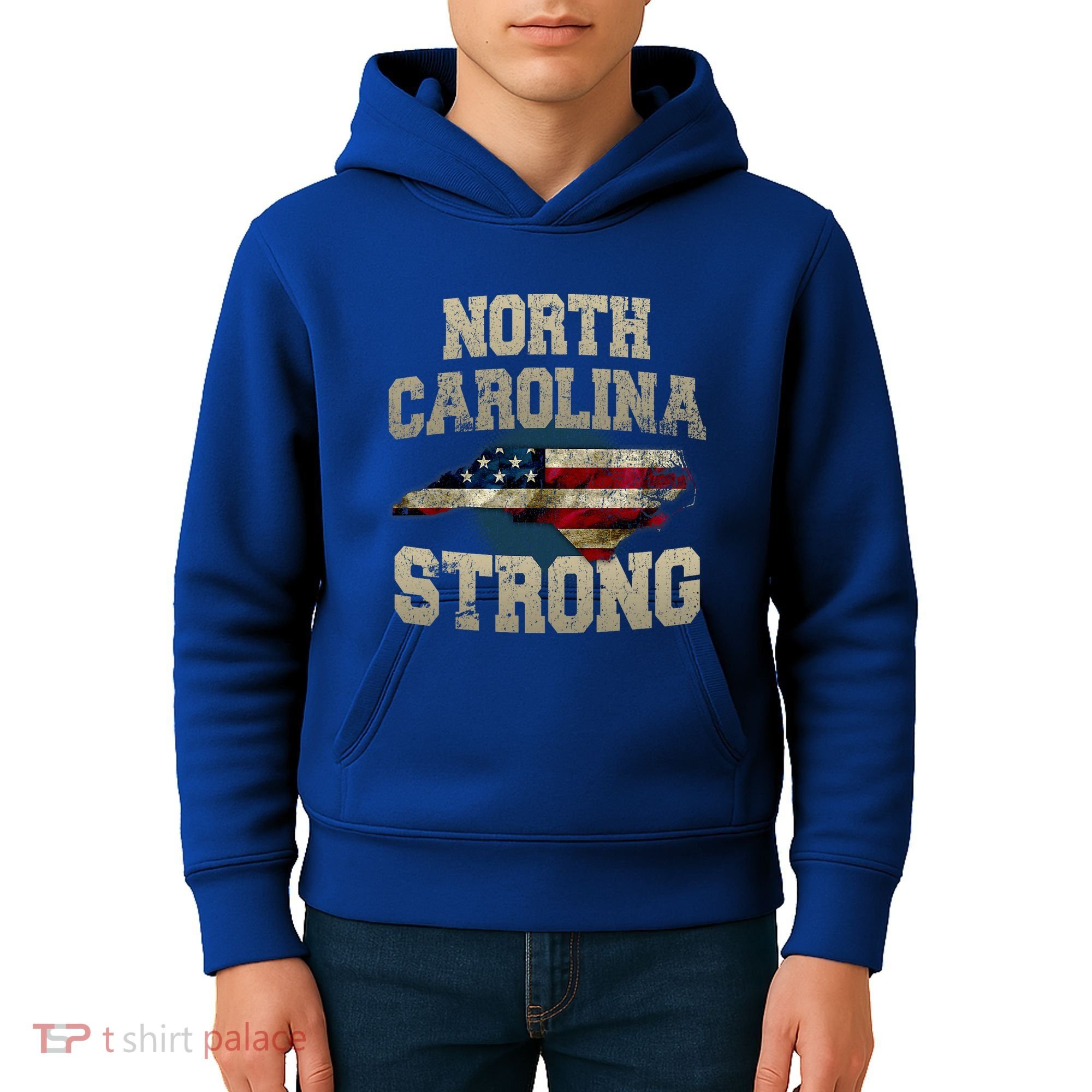 North Carolina Strong With Nc State And Usa Flag Overlay Kids Hoodie