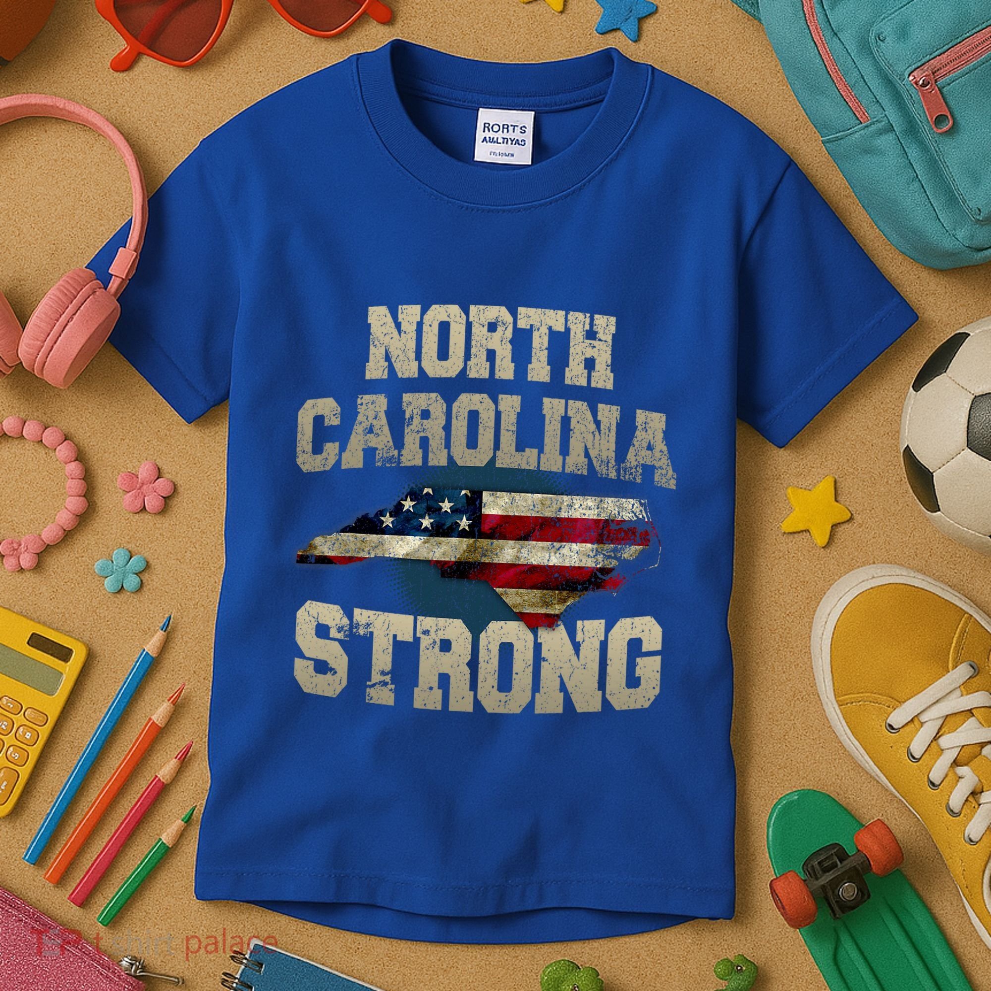 North Carolina Strong With Nc State And Usa Flag Overlay Kids T-Shirt