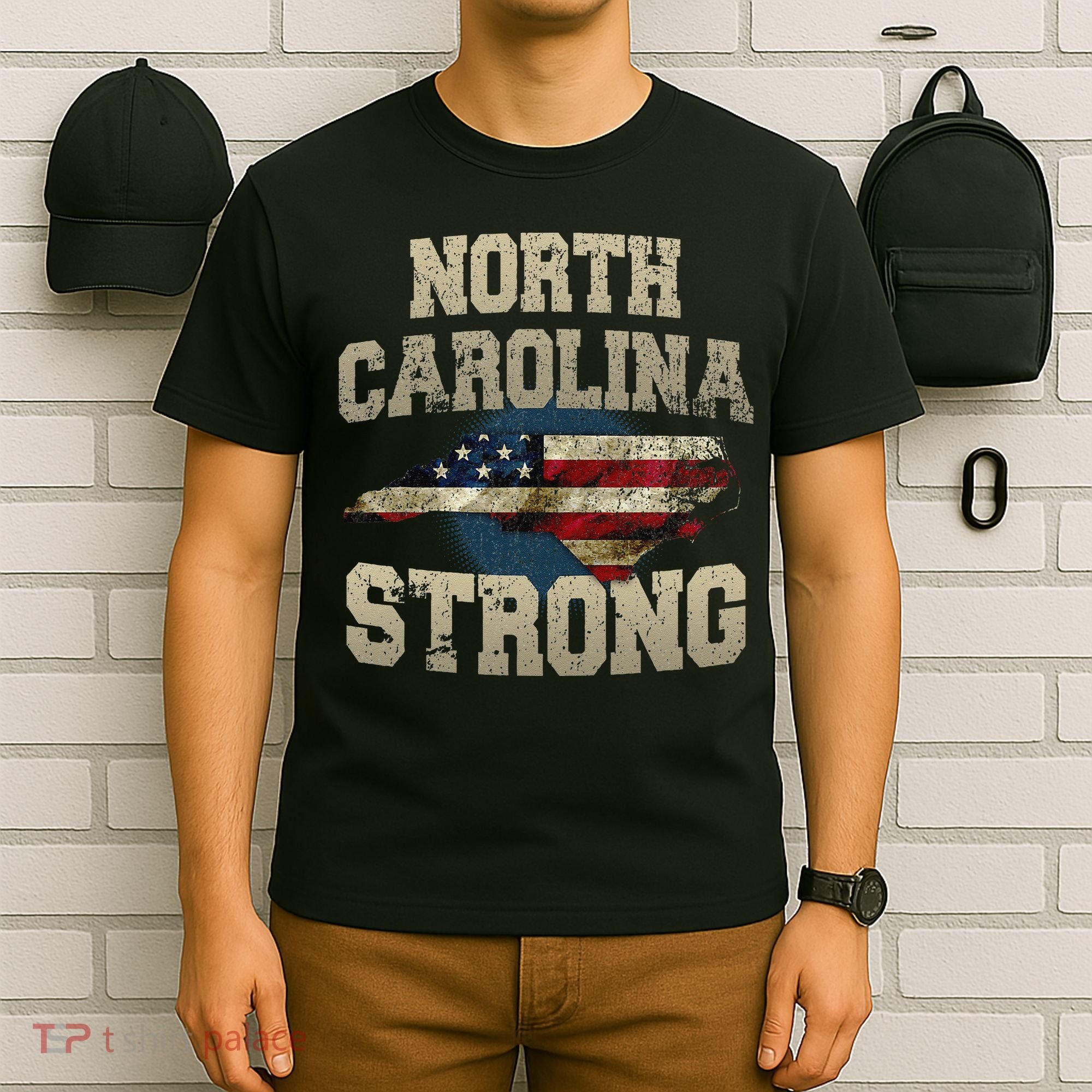North Carolina Strong With Nc State And Usa Flag Overlay T-Shirt