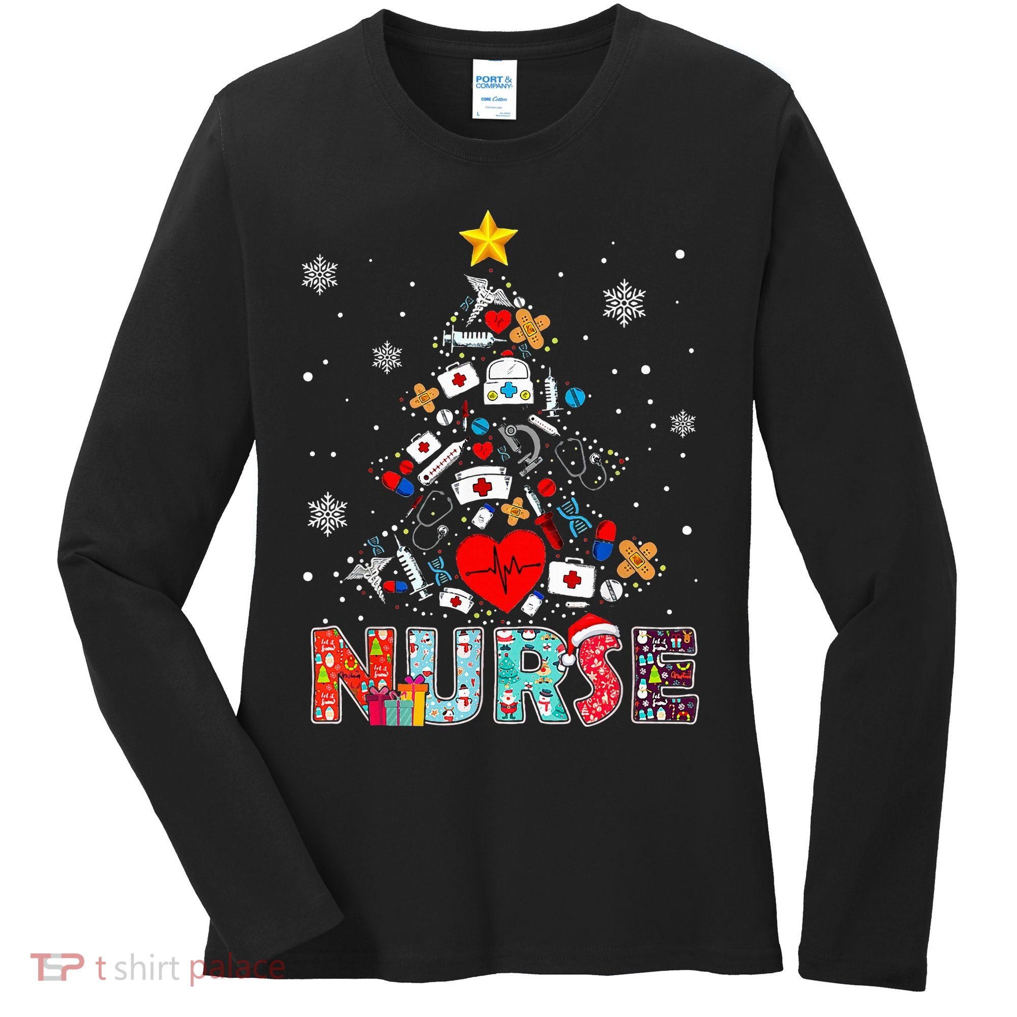 Nurse Christmas Tree Stethoscope RN LPN Scrub Nursing Xmas  Women's Long Sleeve Shirt