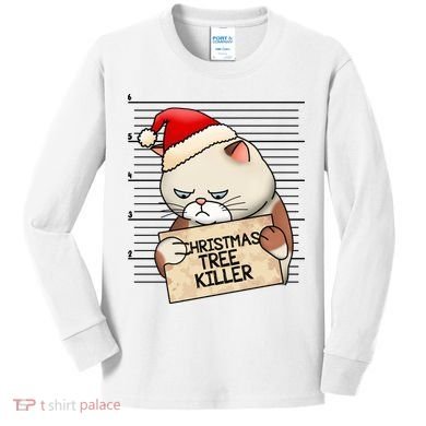 Naughty Christmas Tree Cat Gift Kids Long Sleeve Shirt