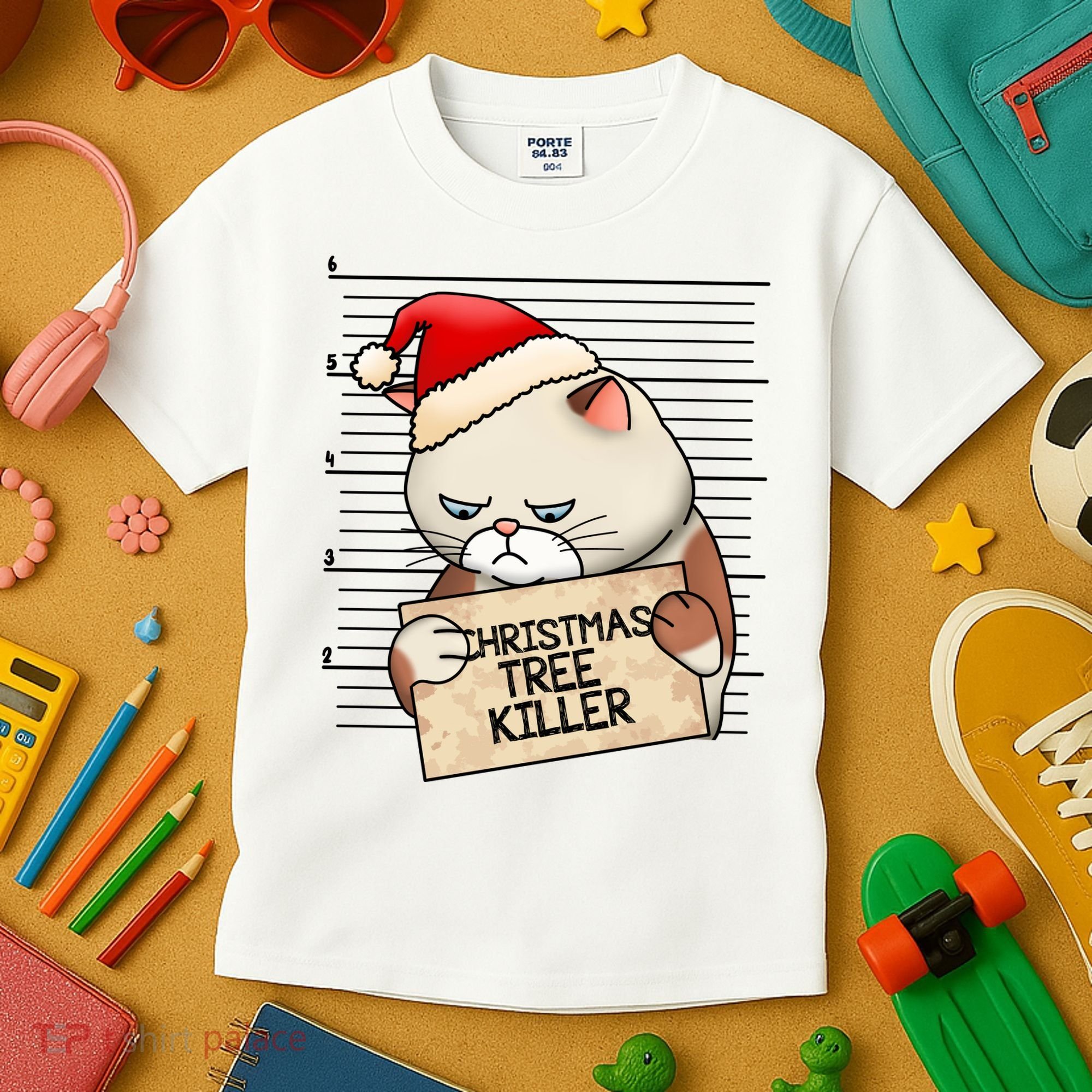 Naughty Christmas Tree Cat Gift Kids T-Shirt