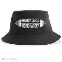 NOBODY CARES WORK HARDER BARBELL WEIGHT TRAINING Sustainable Bucket Hat thumb 0