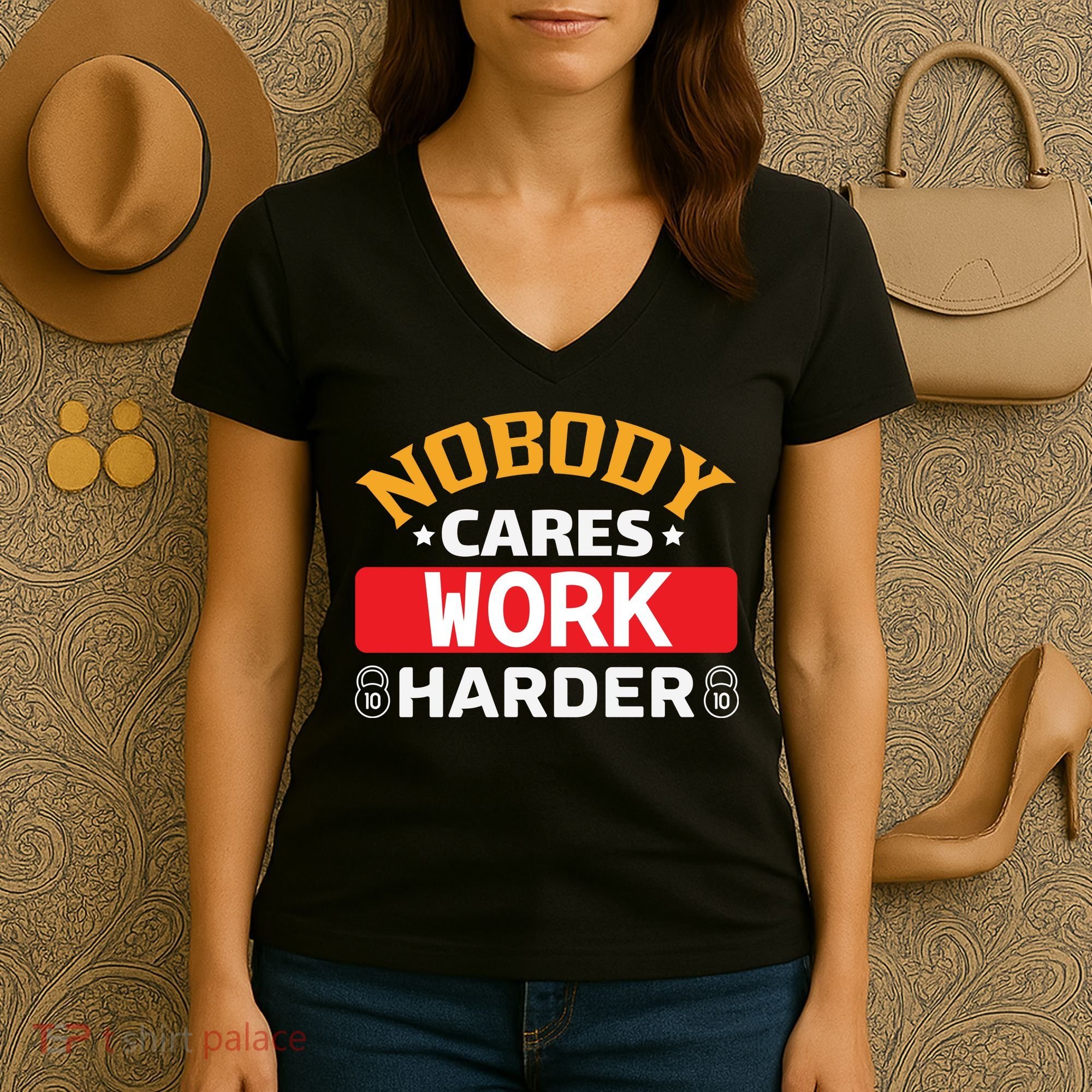Nobody Cares Work Harder Women's V-Neck T-Shirt