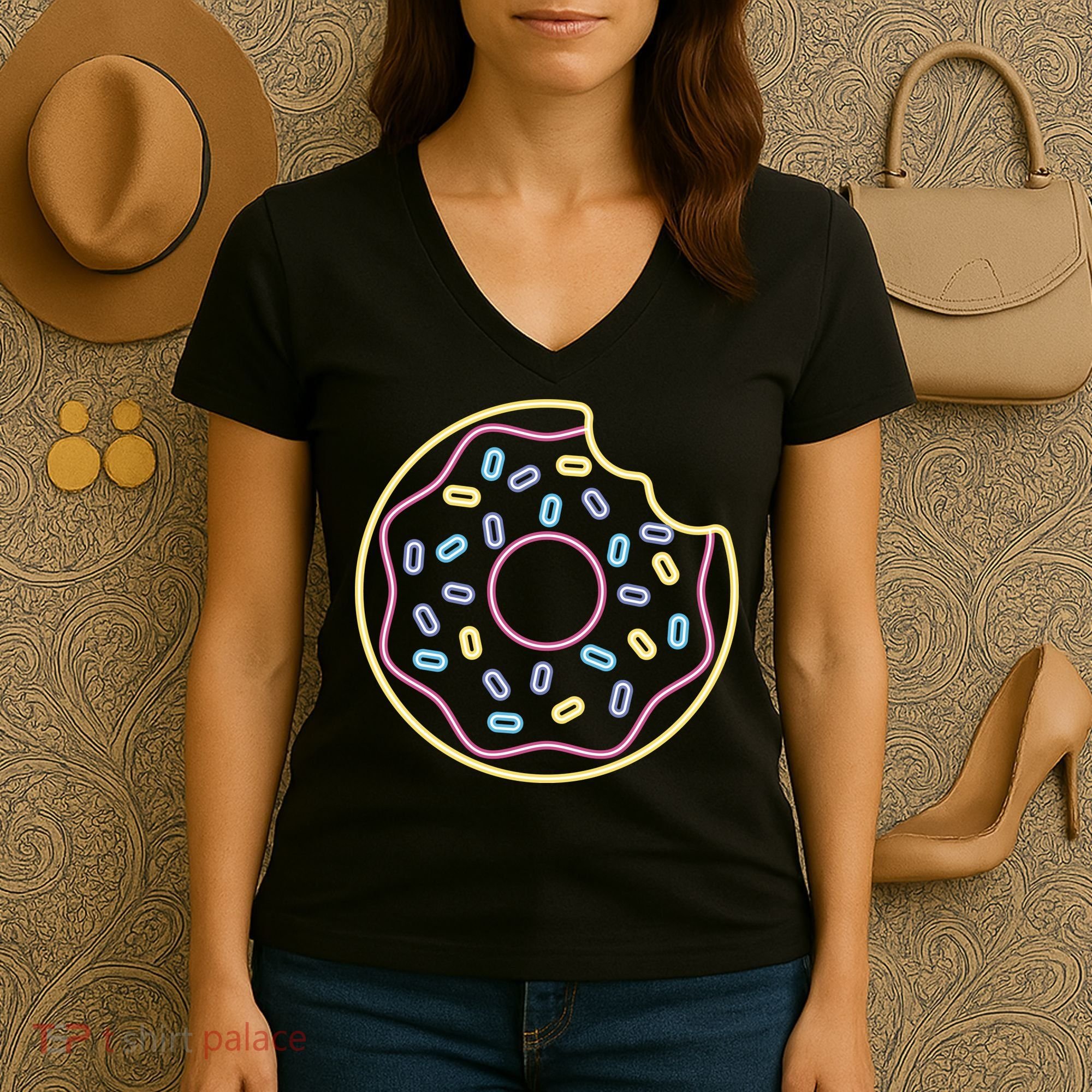 Neon Donut Bite Women's V-Neck T-Shirt