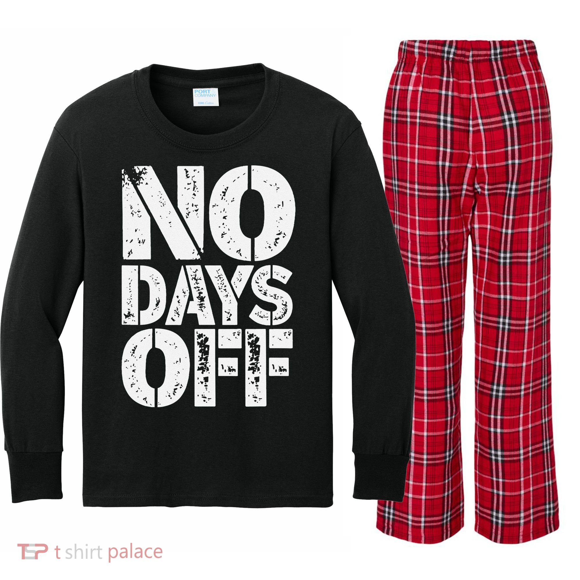 No Days Off Motivational Fitness Quote Kids Long Sleeve Plaid Pajama Set