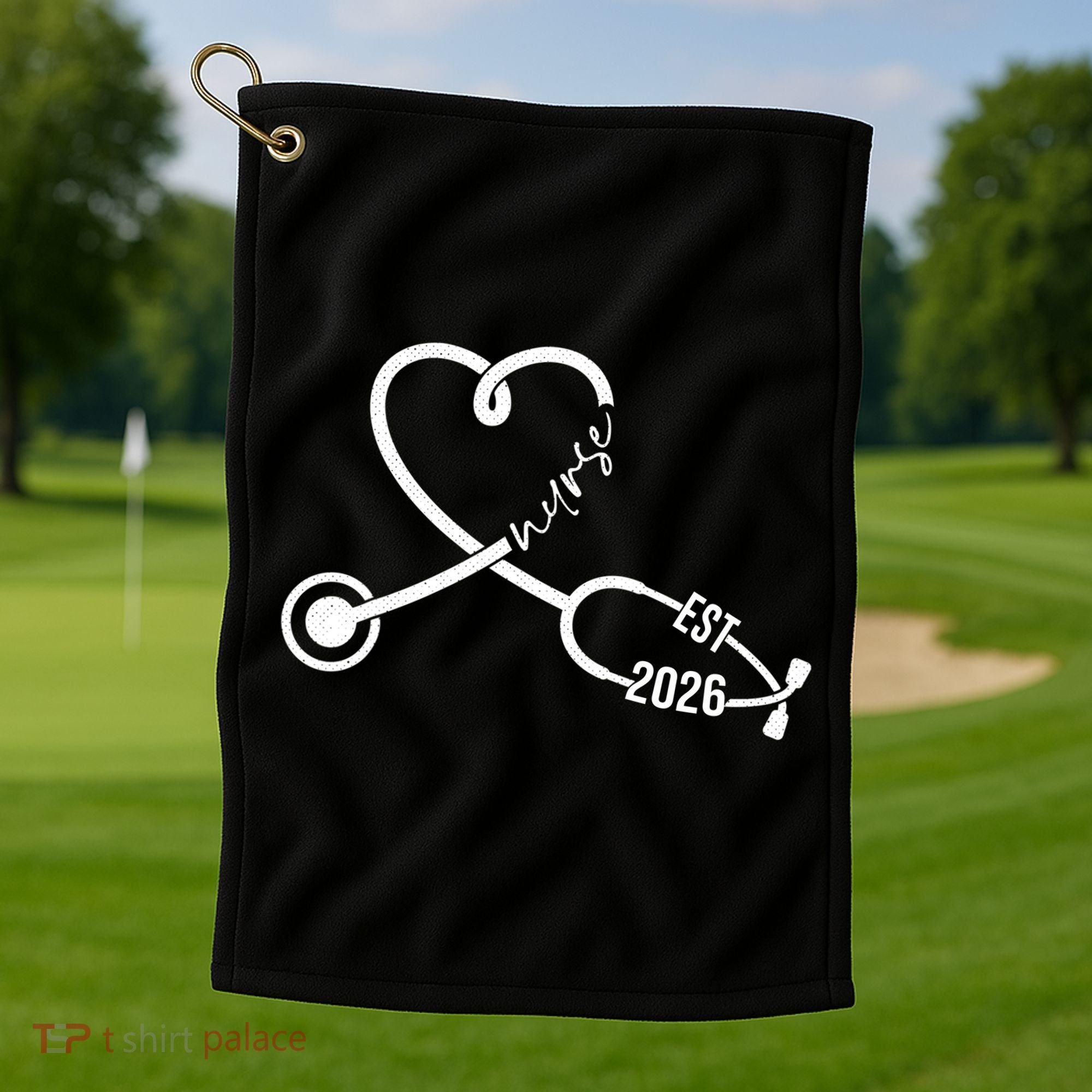 Nurse EST 2026 Cute Heart Stethoscope Golf Towel