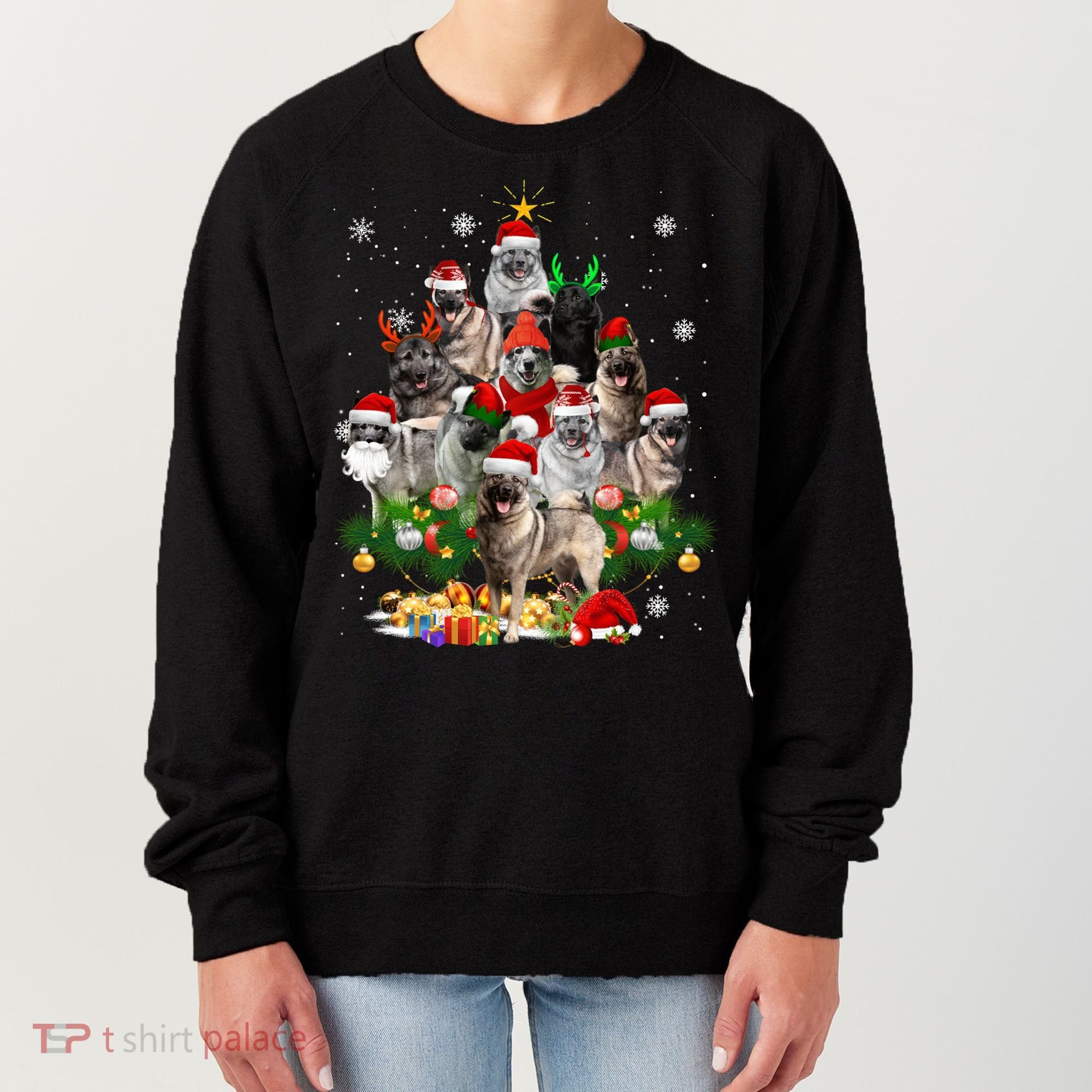 Norwegian Elkhound Christmas Tree Lights Funny Dog Xmas Gift Women's Sweatshirt