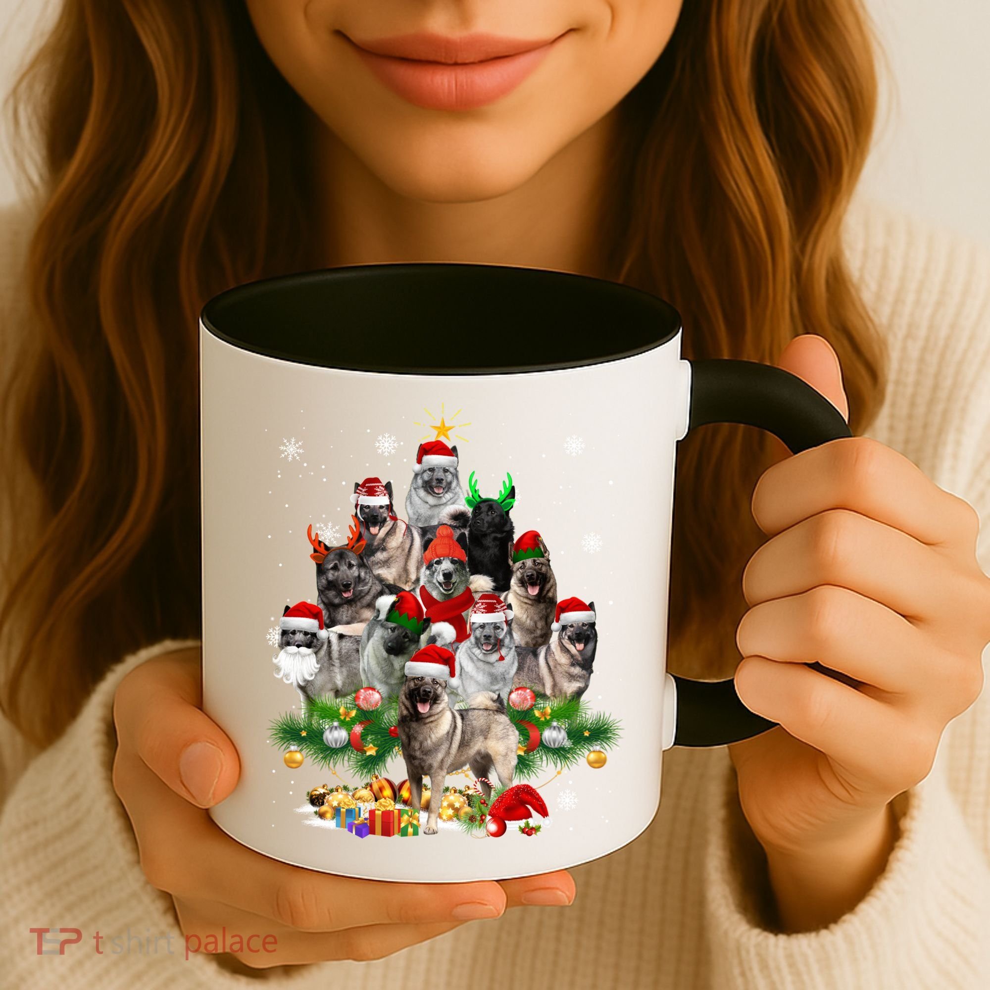 Norwegian Elkhound Christmas Tree Lights Funny Dog Xmas Gift Coffee Mug