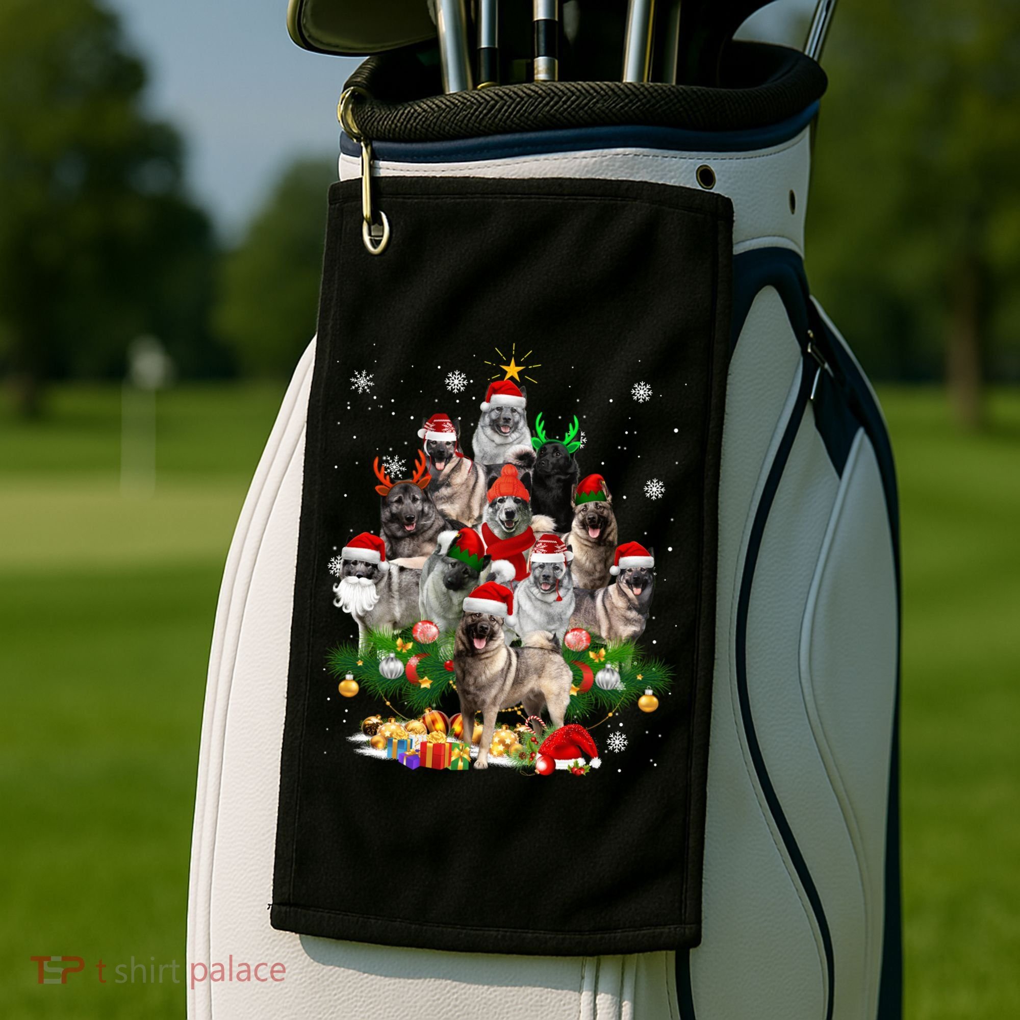 Norwegian Elkhound Christmas Tree Lights Funny Dog Xmas Gift Golf Towel
