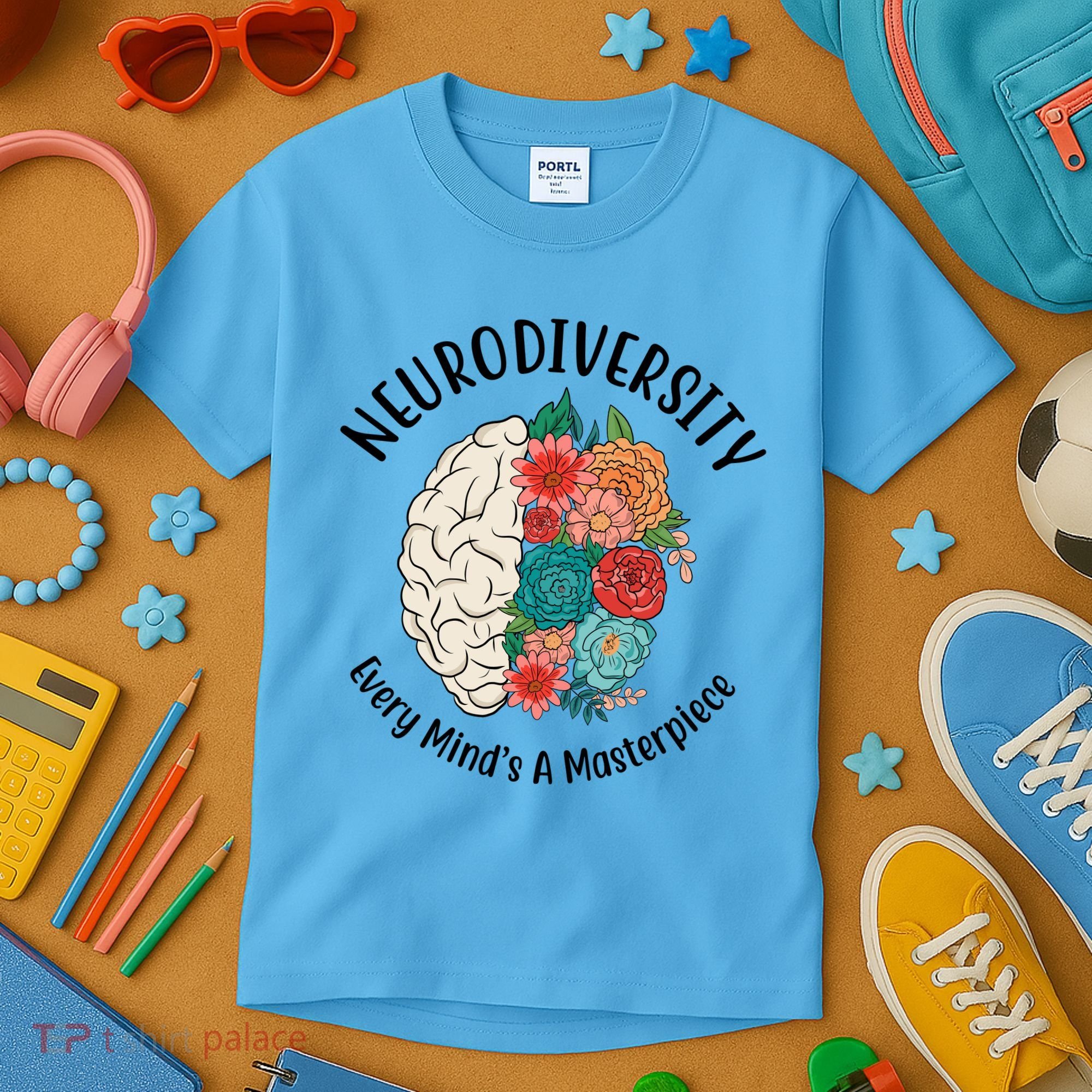 Neurodiversity Every Minds A Masterpiece Brain Floral Kids T-Shirt